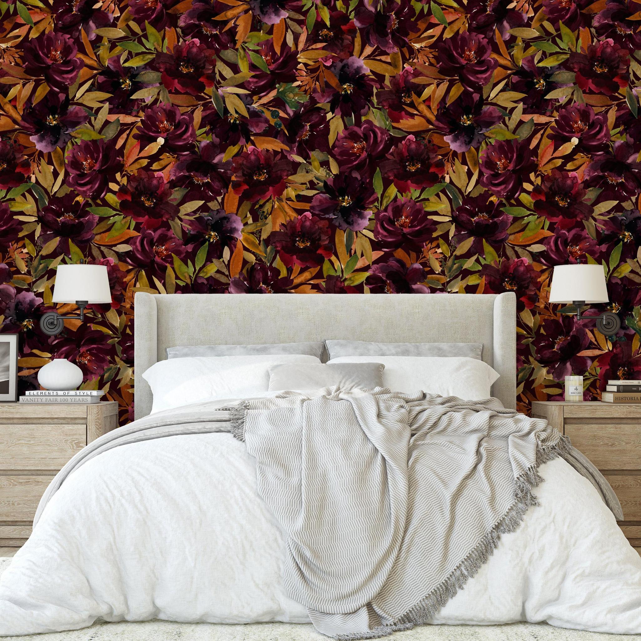 Ginger Wallpaper by Wall Blush SG02 featured in a stylish bedroom, highlighting the rich floral design.