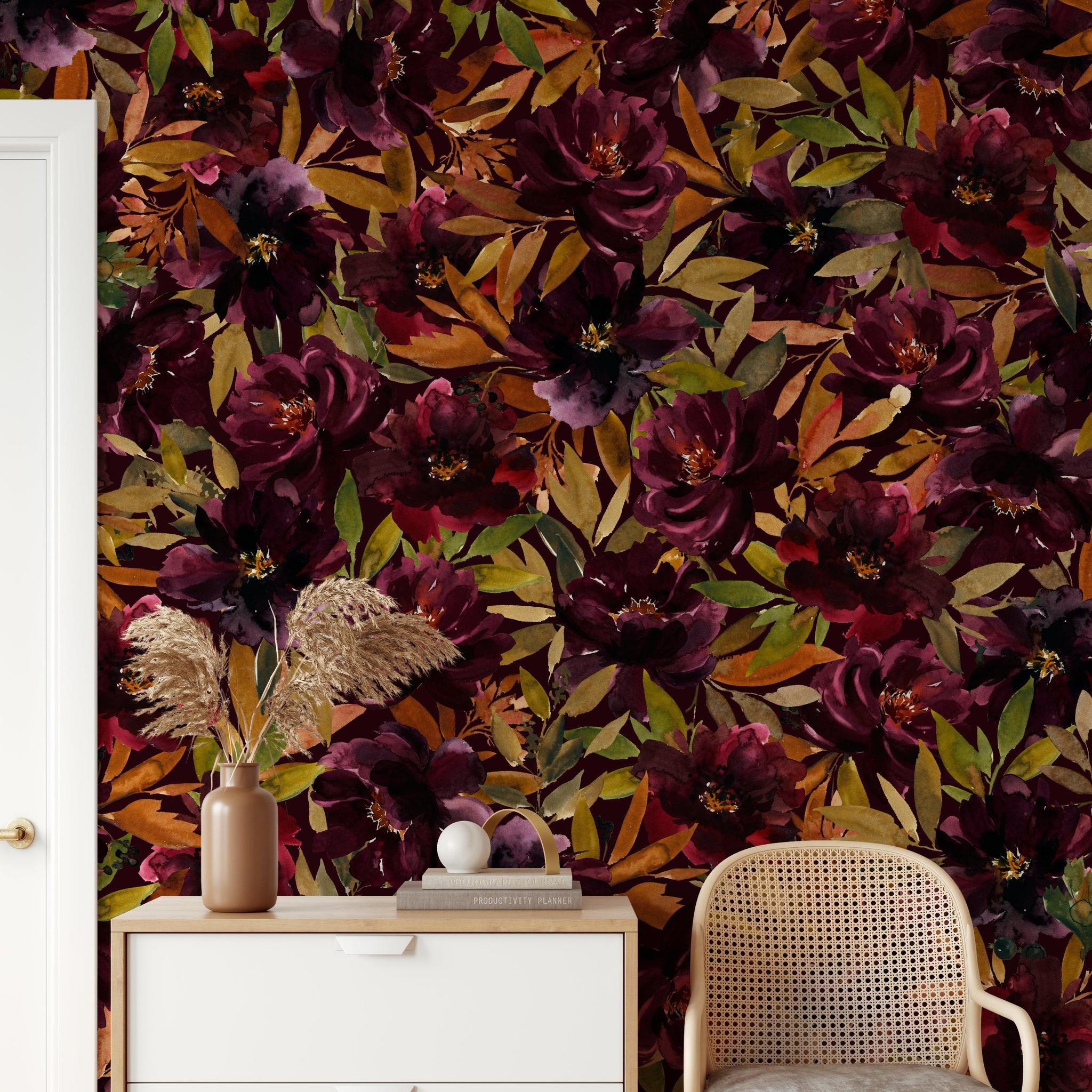 Ginger Wallpaper from Wall Blush SG02, featuring a floral design in a cozy bedroom setting, highlighting the wallpaper.