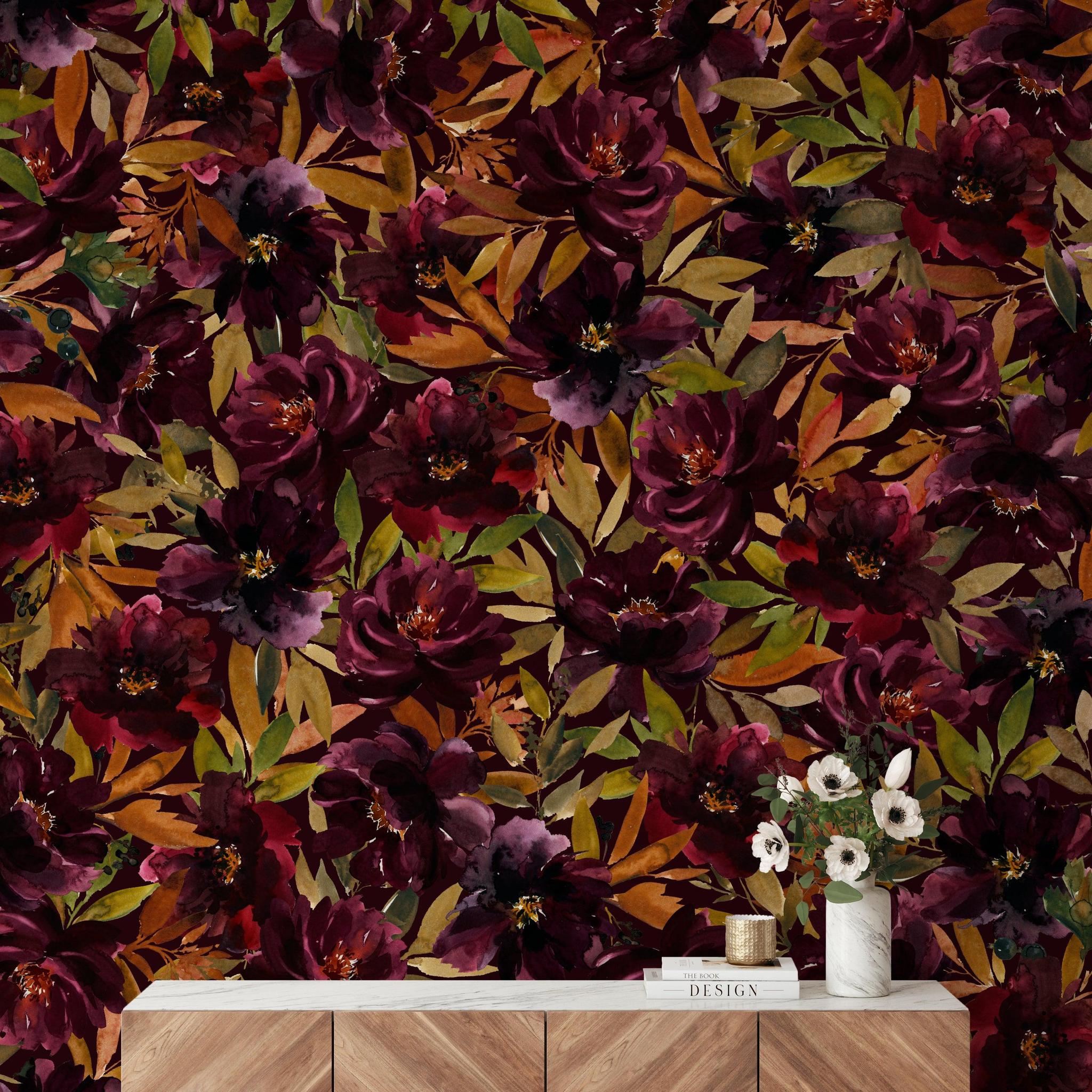 Ginger Wallpaper by Wall Blush SG02 in a stylish living room, vibrant floral design as focal point.