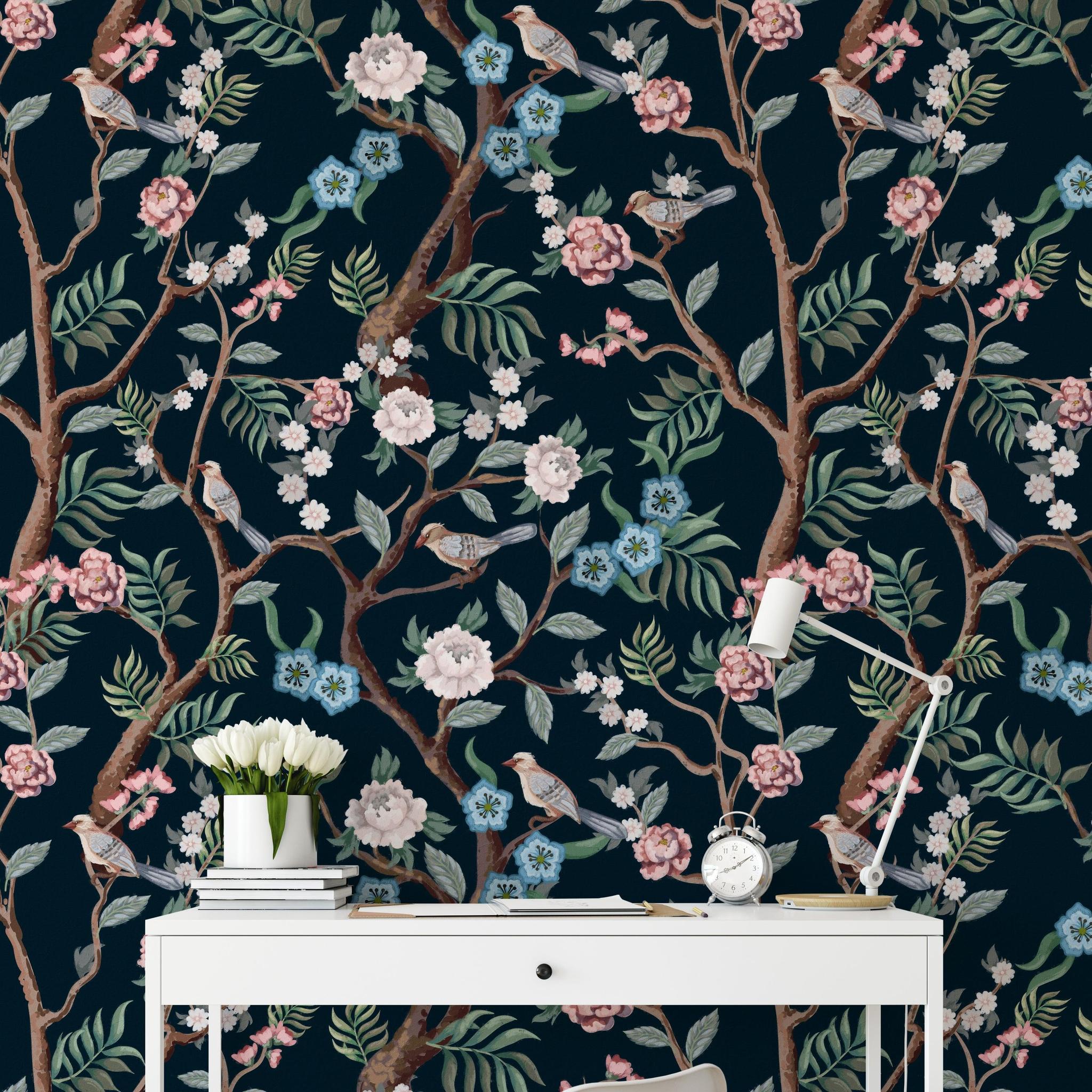 Ophelia Wallpaper by Wall Blush SG02 in a stylish home office, floral design focus