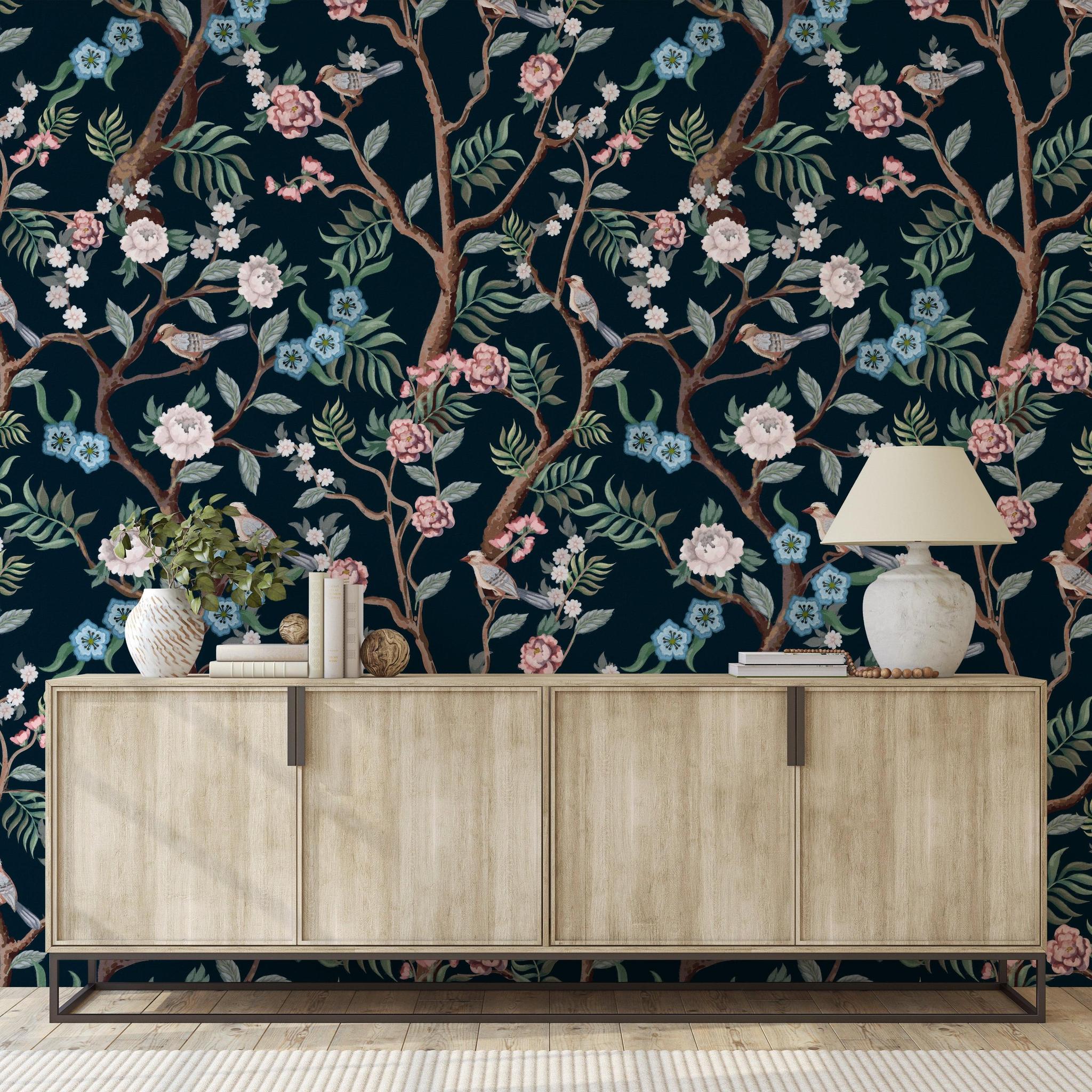 Ophelia Wallpaper by Wall Blush SG02 in a stylish living room, floral wall decor focus.