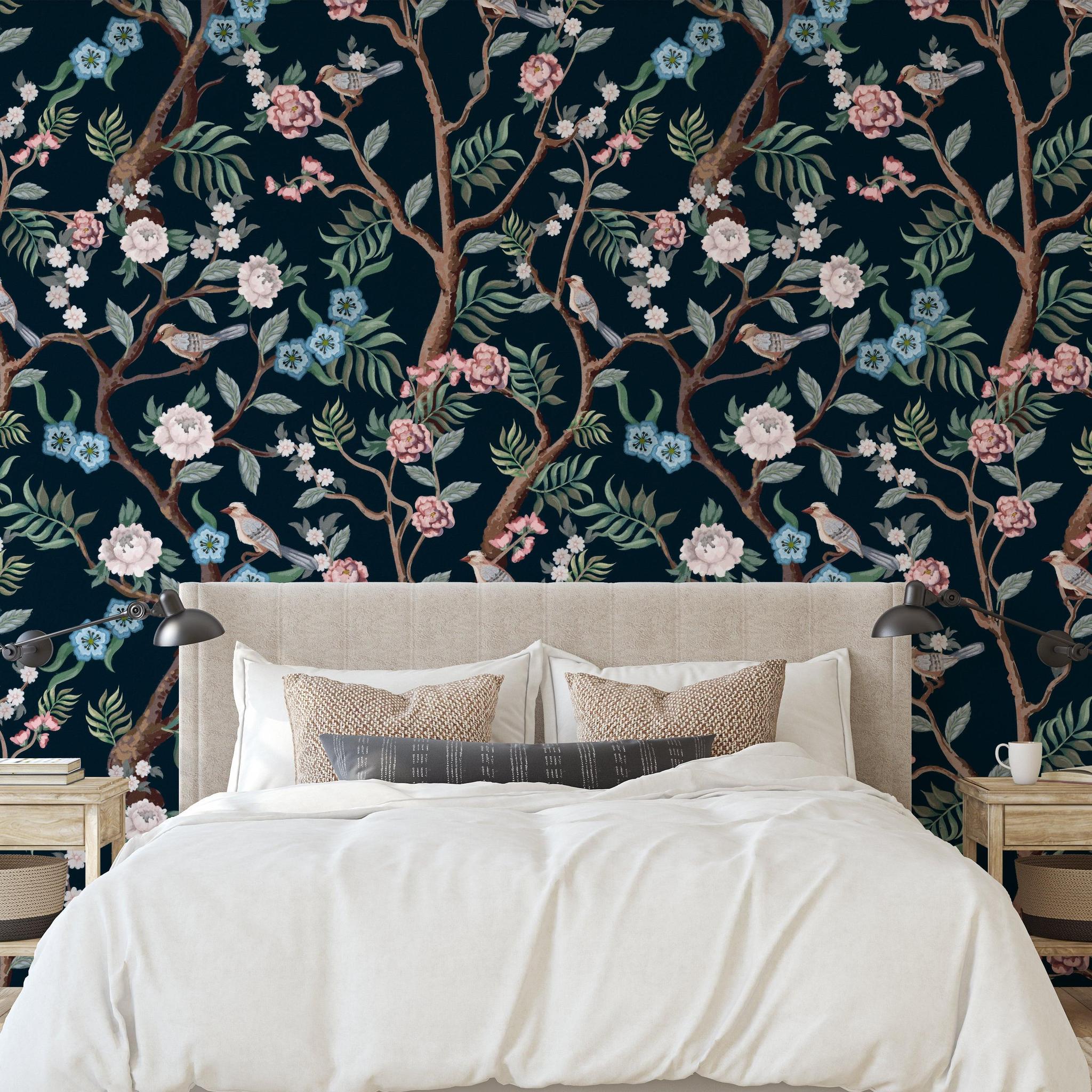 Ophelia Wallpaper by Wall Blush SG02 in a cozy bedroom, highlighting elegant floral design on the feature wall.