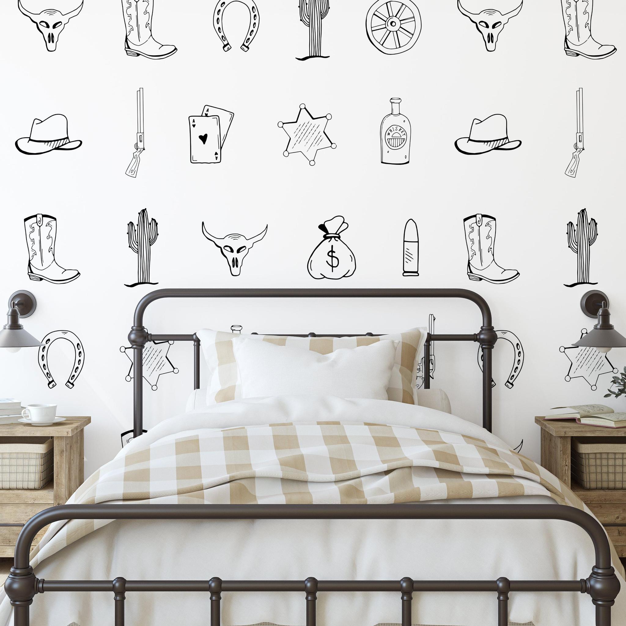 Outlaw (Black) Wallpaper by Wall Blush SG02 in a cozy bedroom, with stylish western motif designs.