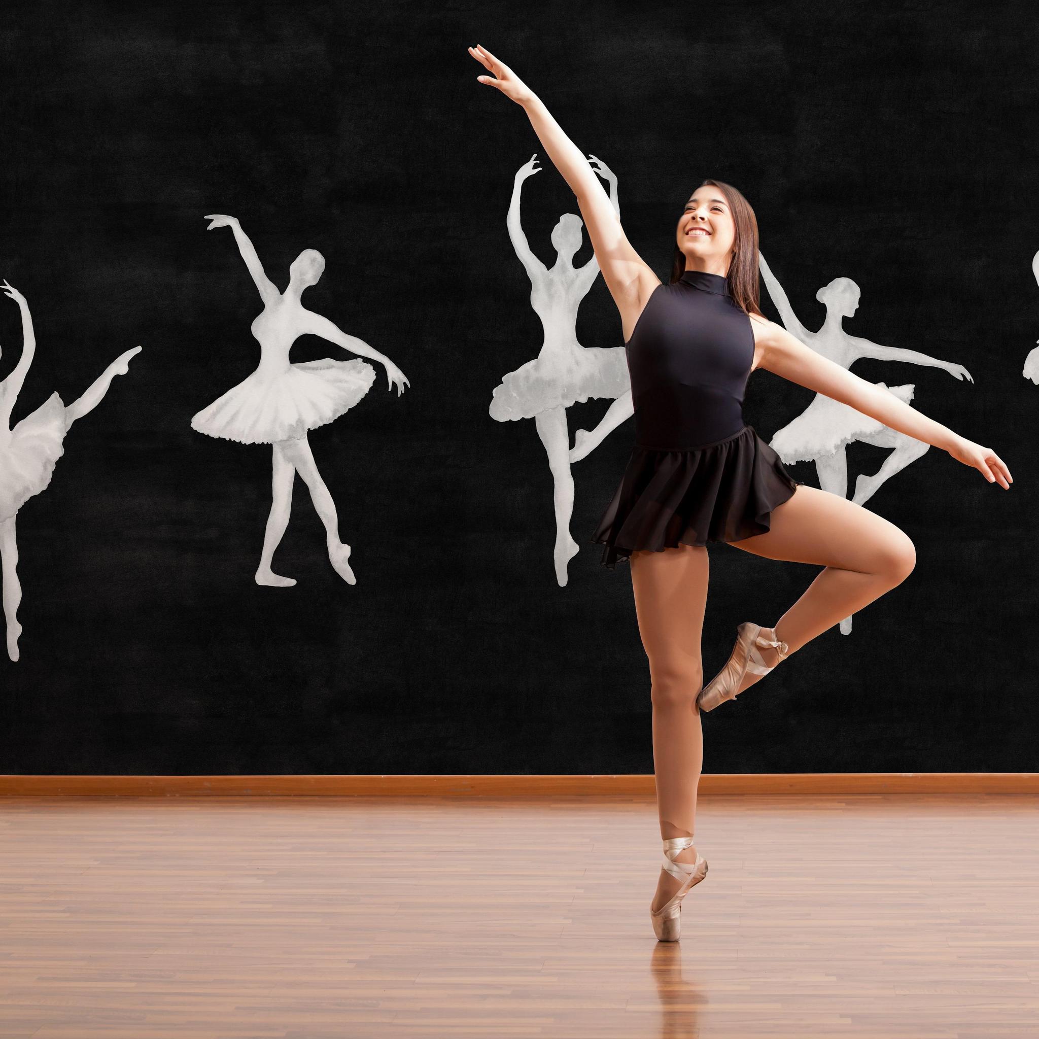 Ballet dancer performs in room featuring Attitude (Mural Edition) Wallpaper by Wall Blush, highlighting elegant design.