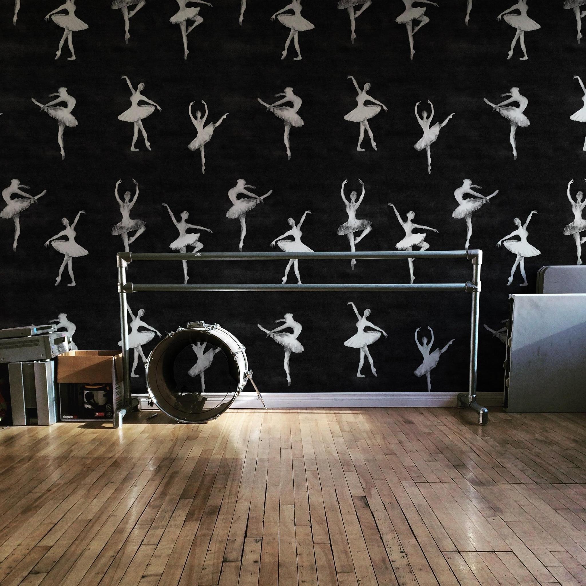 Attitude Pattern Edition Wallpaper by Wall Blush in a stylish dance studio room, emphasizing the ballerina motifs.