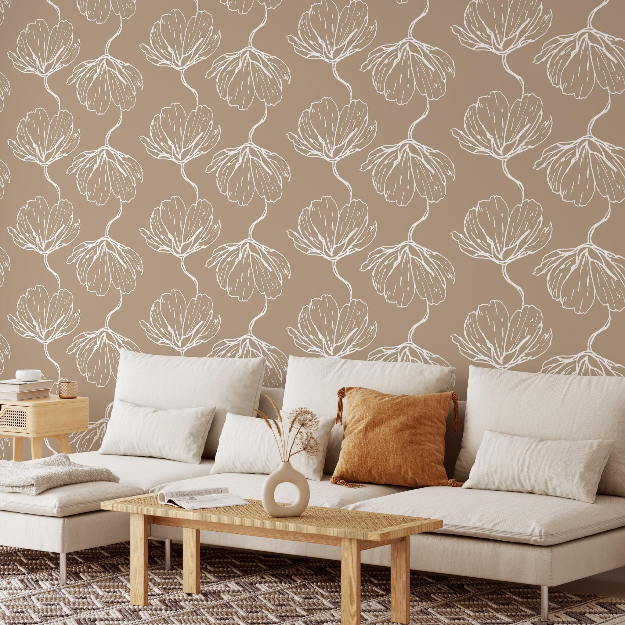 Bloom Wallpaper by The Minty Line, elegant floral design in a sophisticated living room setting.