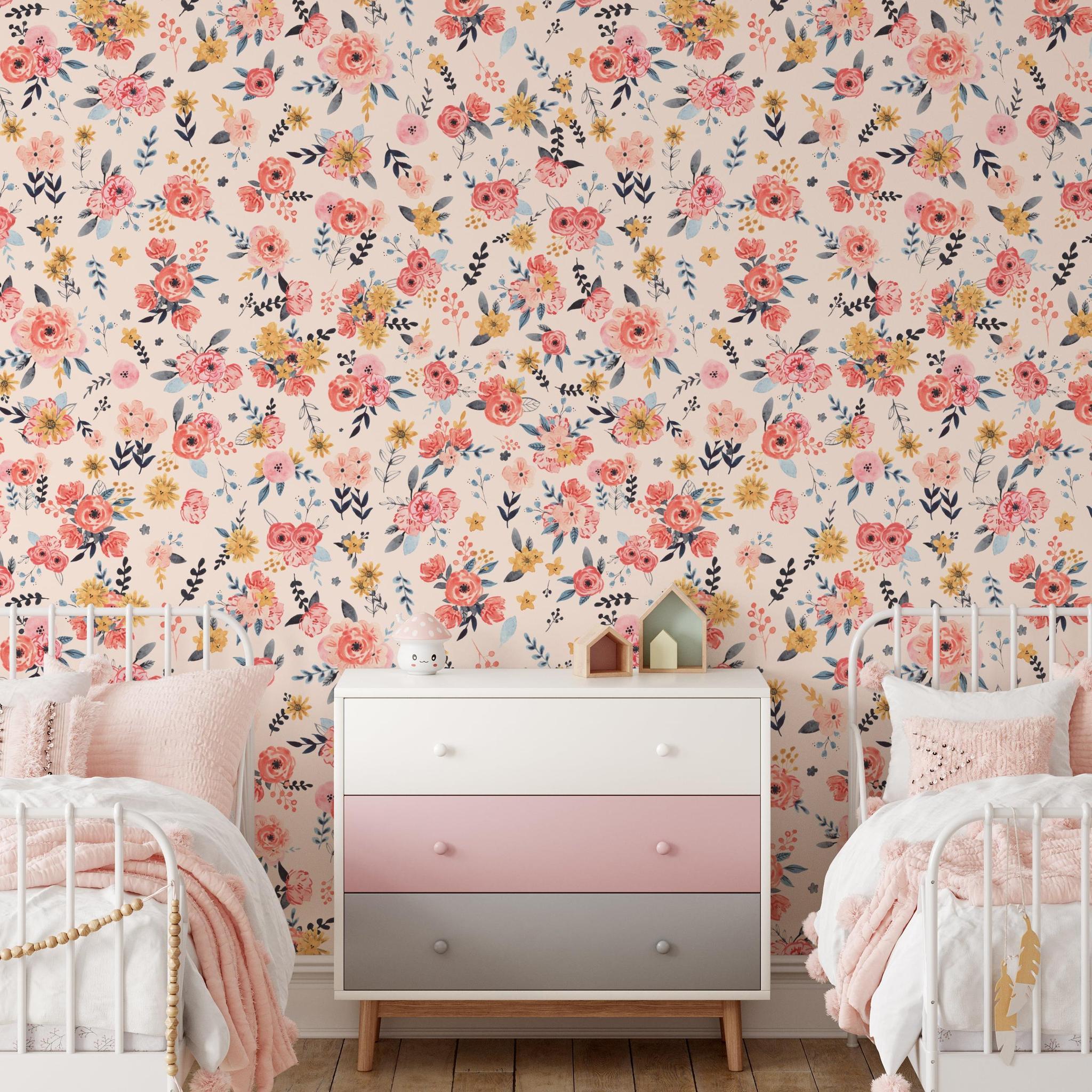 In Bloom (Blush) Wallpaper by Wall Blush enhancing a cozy bedroom, with a floral focus for home decor.
