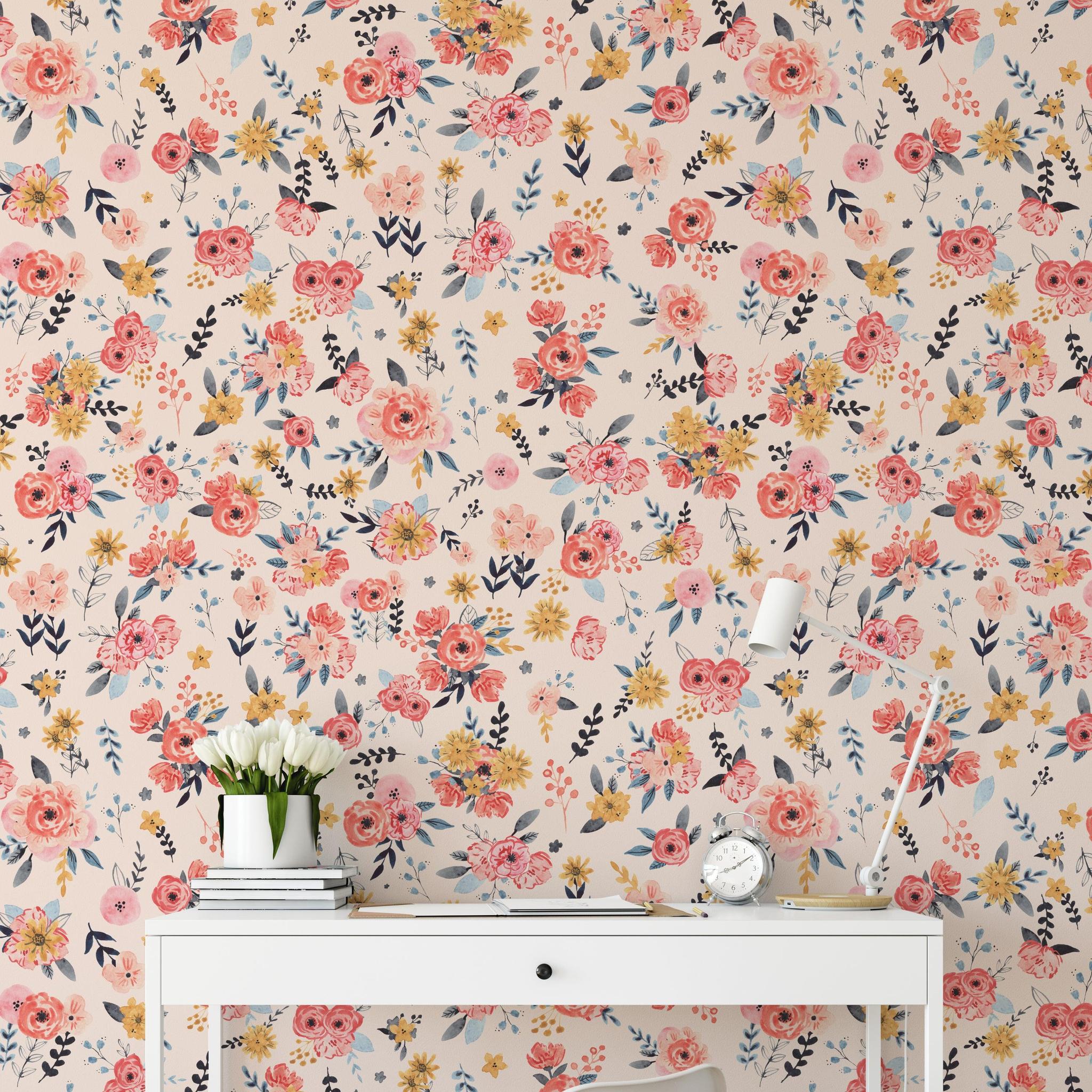 In Bloom (Blush) Wallpaper by Wall Blush installed in modern home office focusing on the floral design.