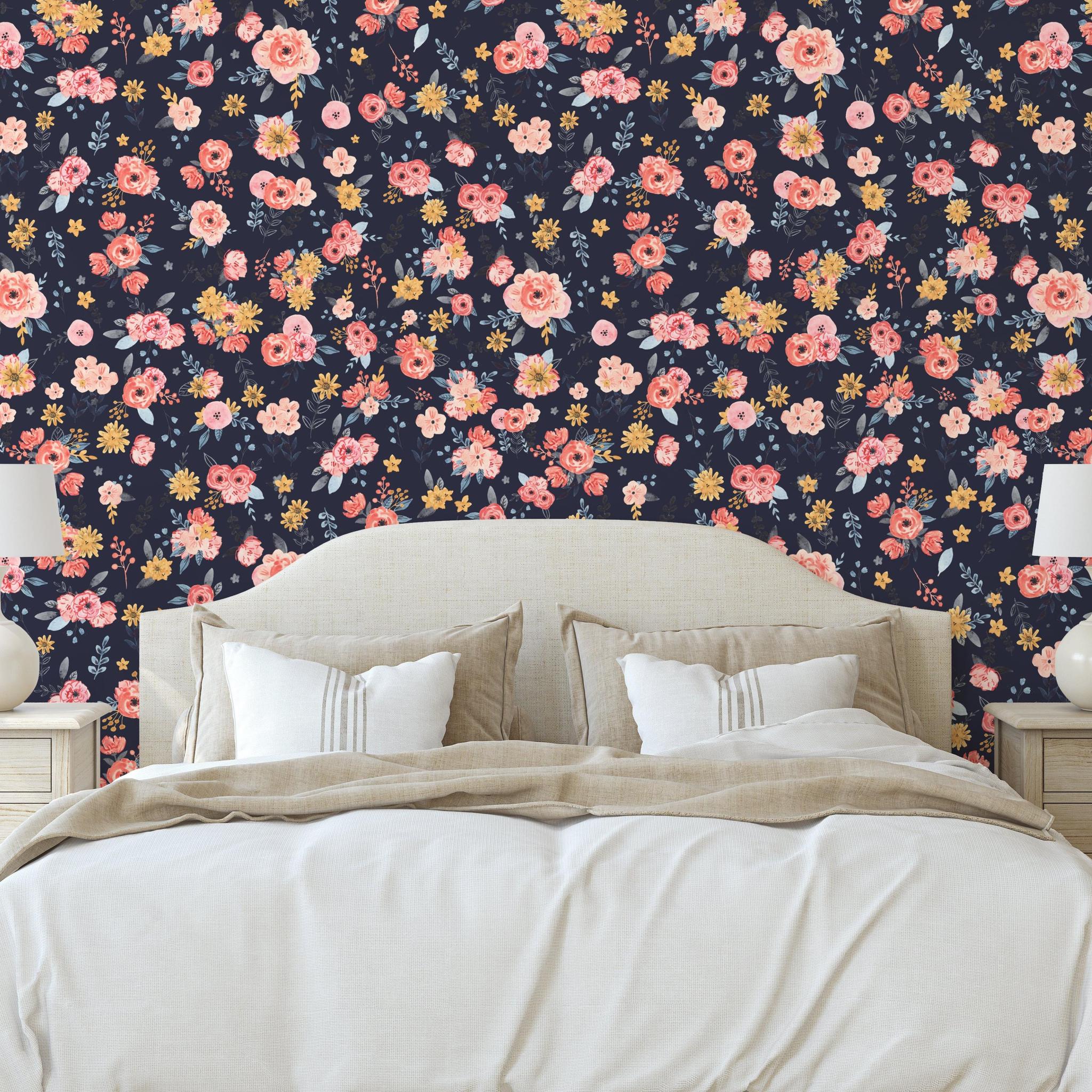 In Bloom (Navy) Wallpaper by Wall Blush enhances the elegance of this cozy bedroom, highlighting the floral design.