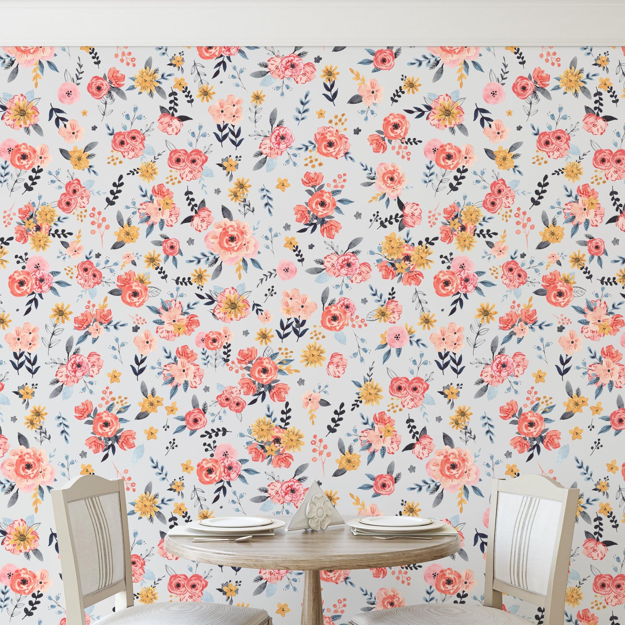 In Bloom (Silver) Wallpaper by Wall Blush in elegant dining room, showcasing floral design focus.