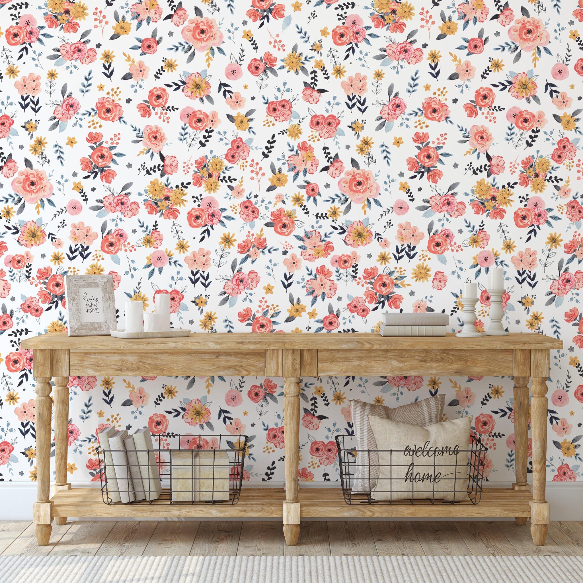 In Bloom (White) Wallpaper by Wall Blush enhancing a cozy entryway, focused on floral design.