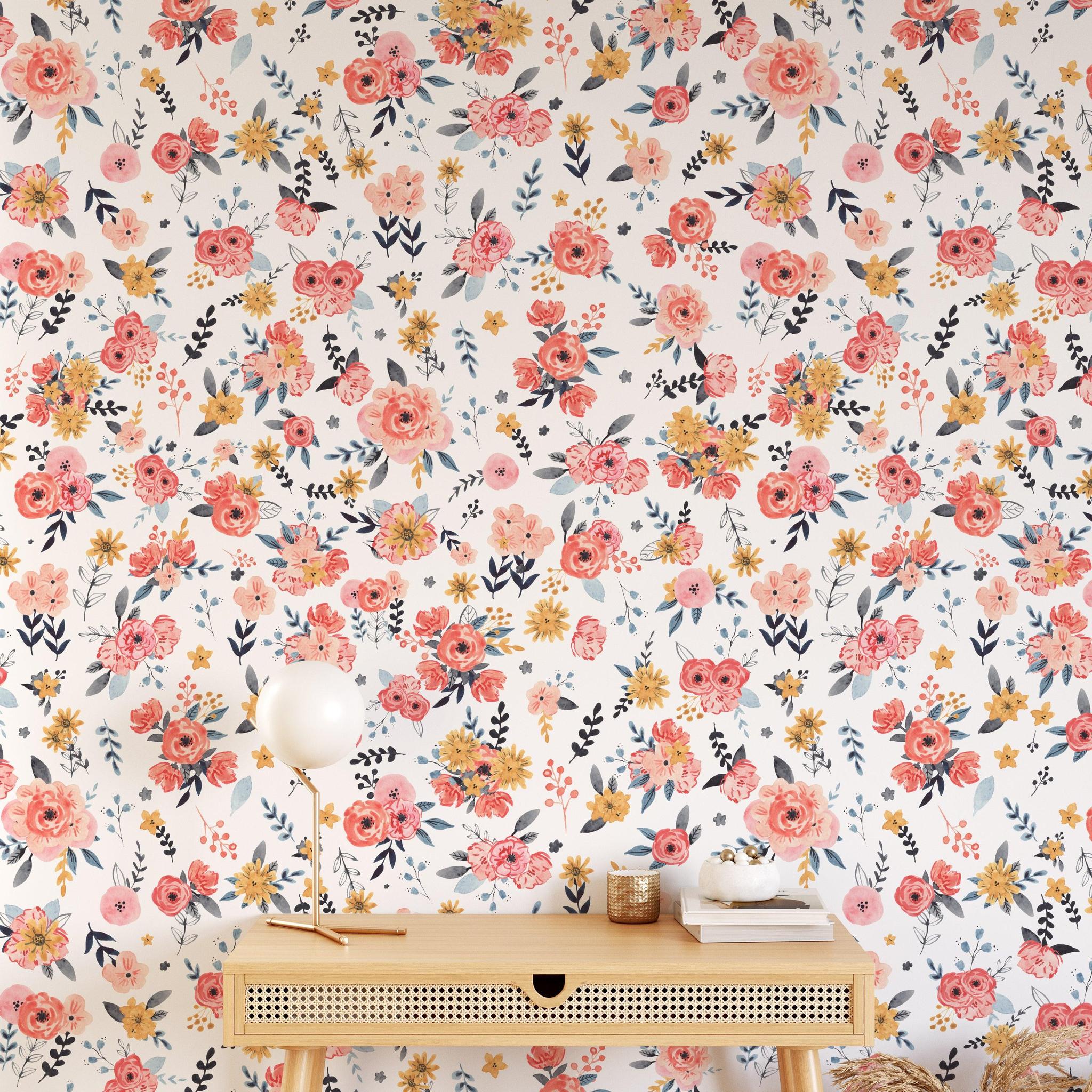 Wall Blush's In Bloom (White) Wallpaper featured in a well-decorated home office space, emphasizing style and quality.