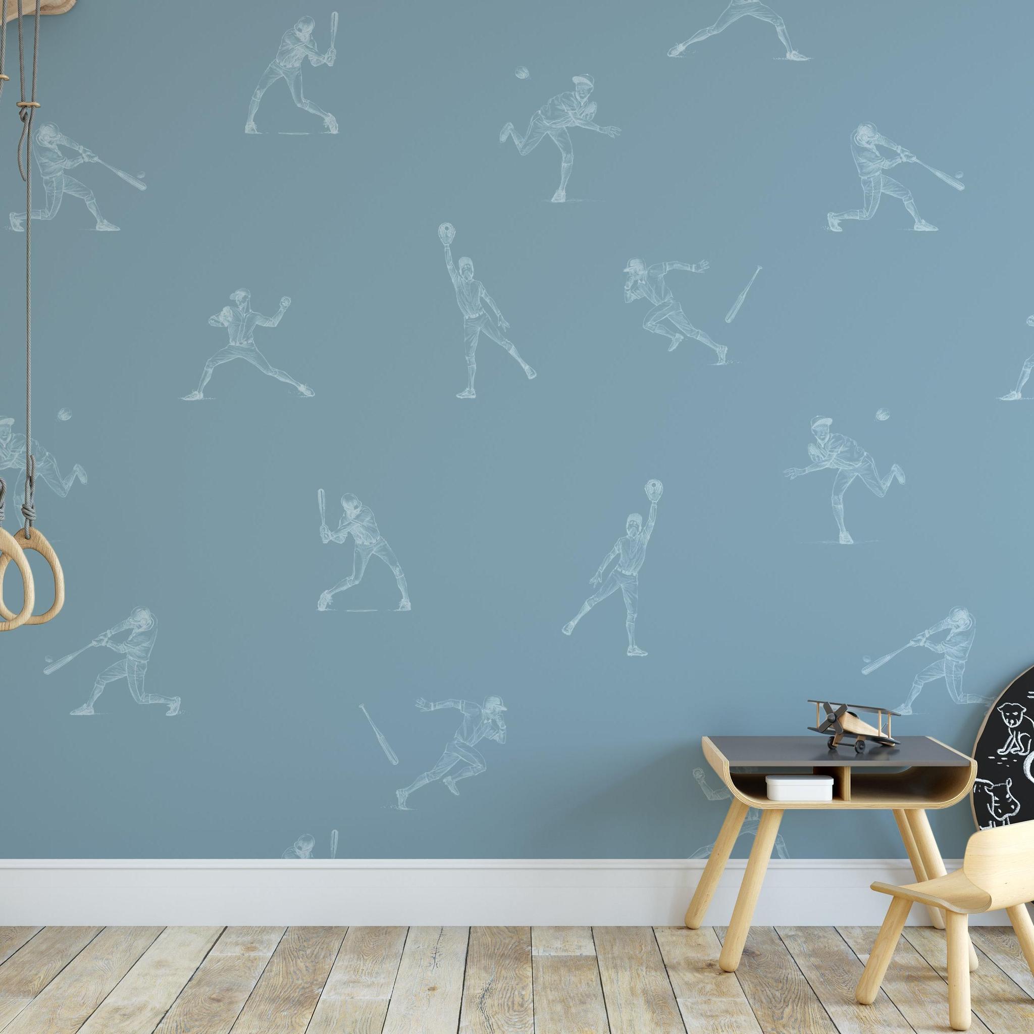 Batter's Up (Blue) Wallpaper by Wall Blush SM01 in a stylish children's room, with playful sports theme.