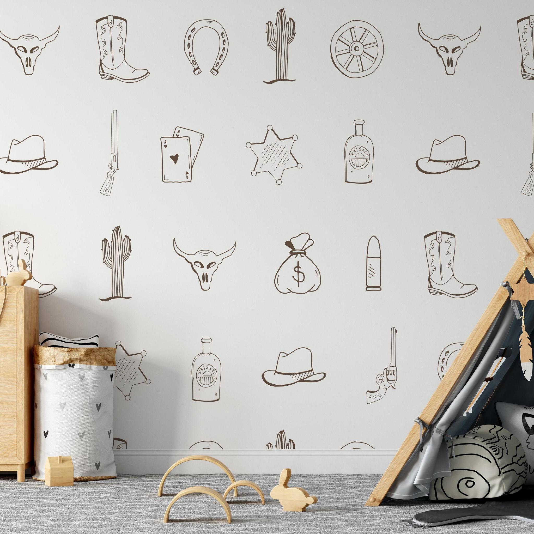Child's bedroom featuring Wall Blush SG02 Outlaw (Brown) Wallpaper with playful wild west icons.
