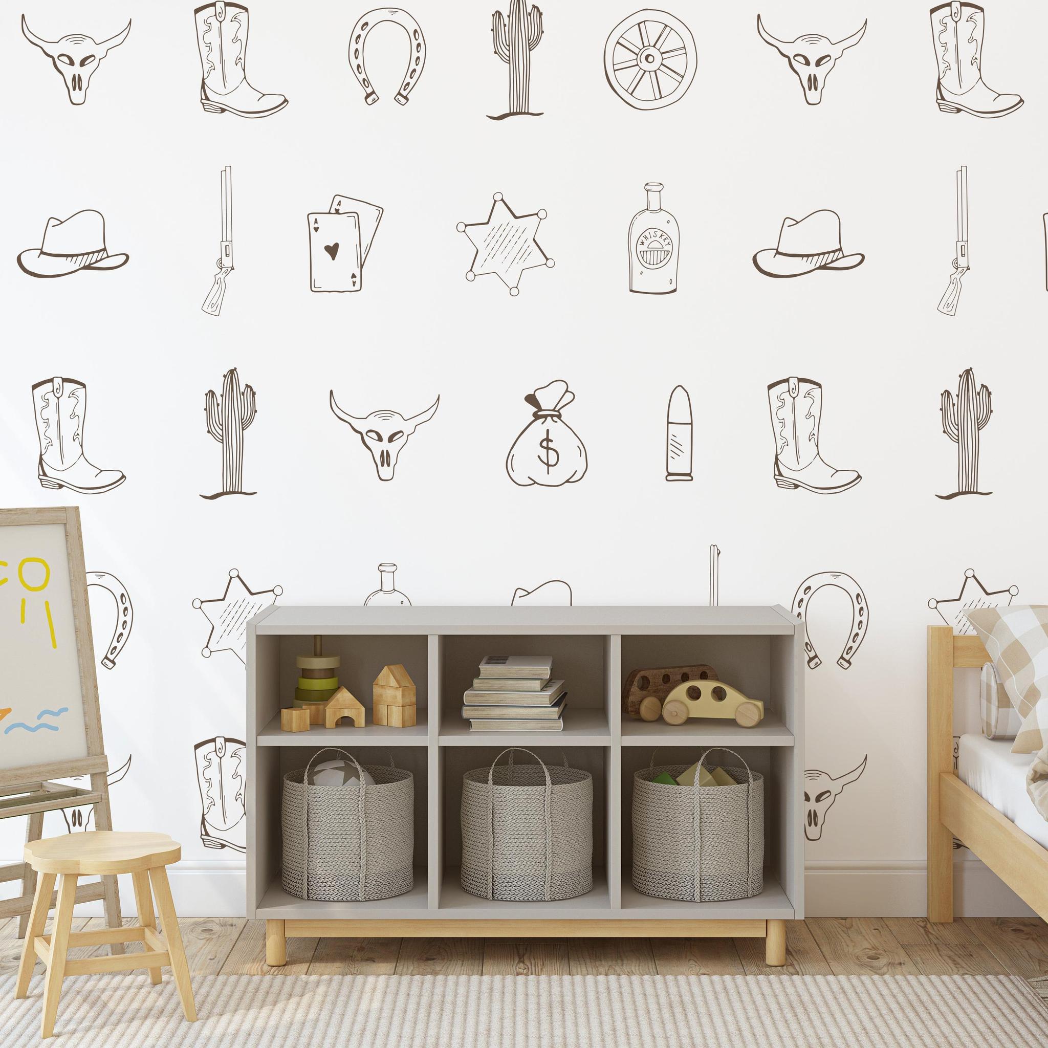 Western-themed Outlaw (Brown) Wallpaper by Wall Blush SG02 in a stylish children's bedroom