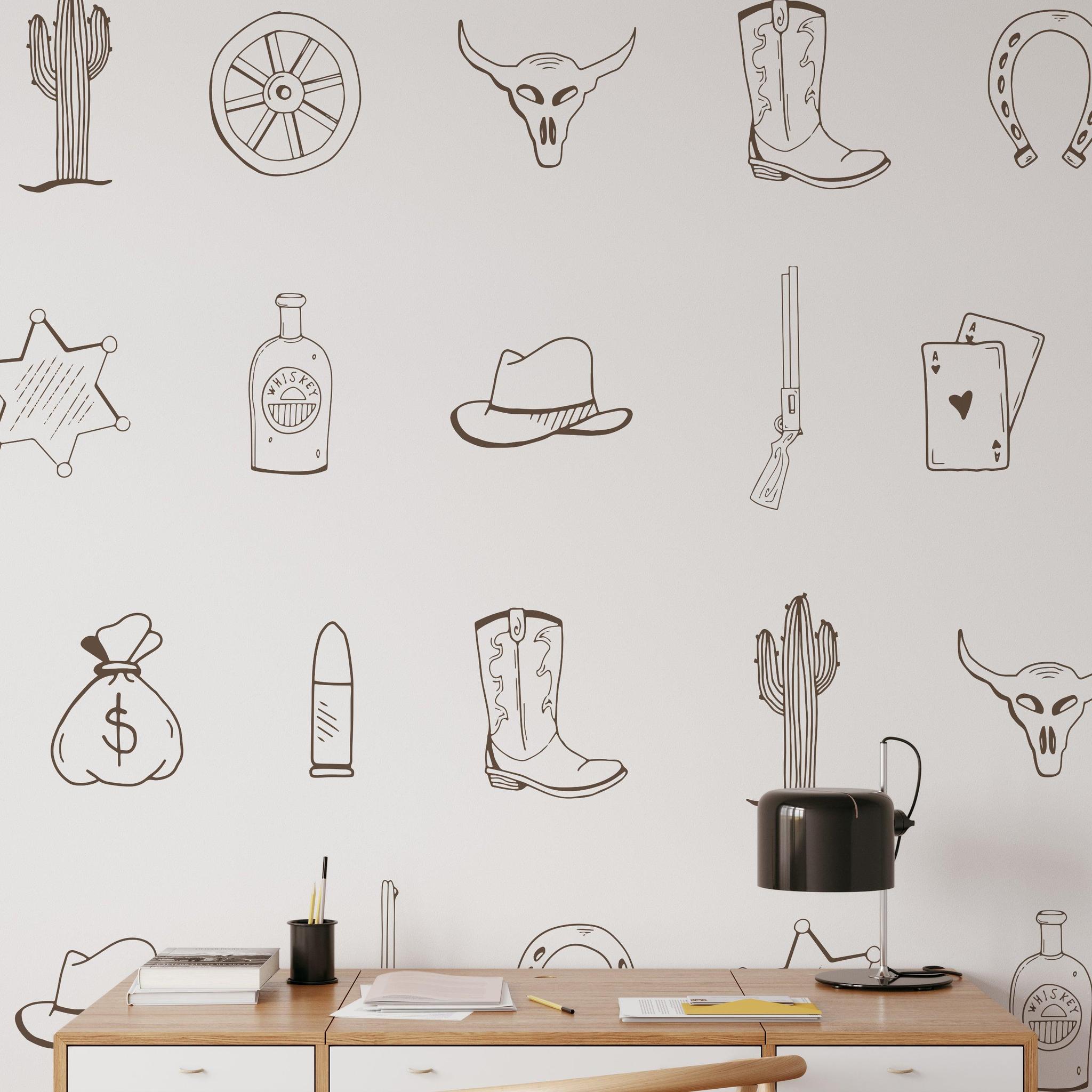 Wall Blush SG02 Outlaw (Brown) Wallpaper in a stylish home office, highlighting the unique western design.