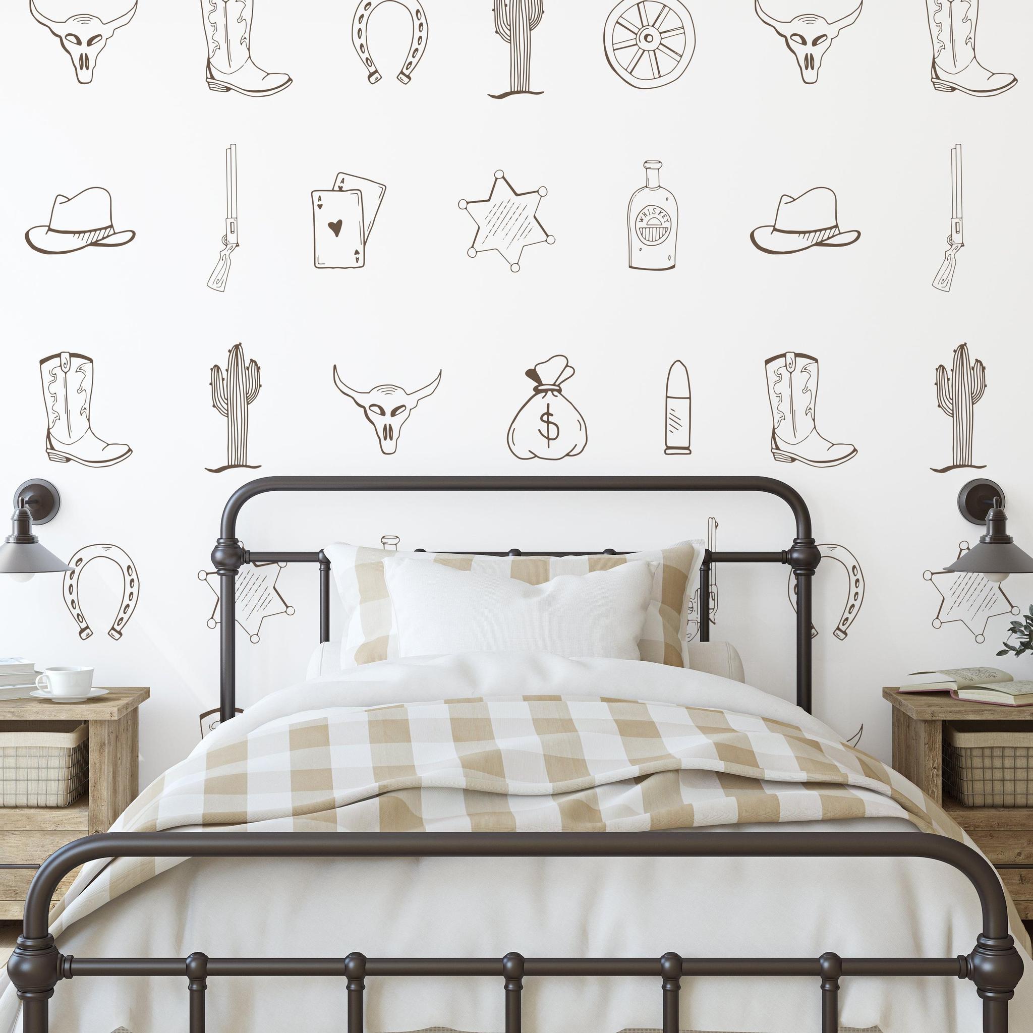 Outlaw (Brown) Wallpaper by Wall Blush SG02 in a stylish bedroom with Western-themed decor and accents.