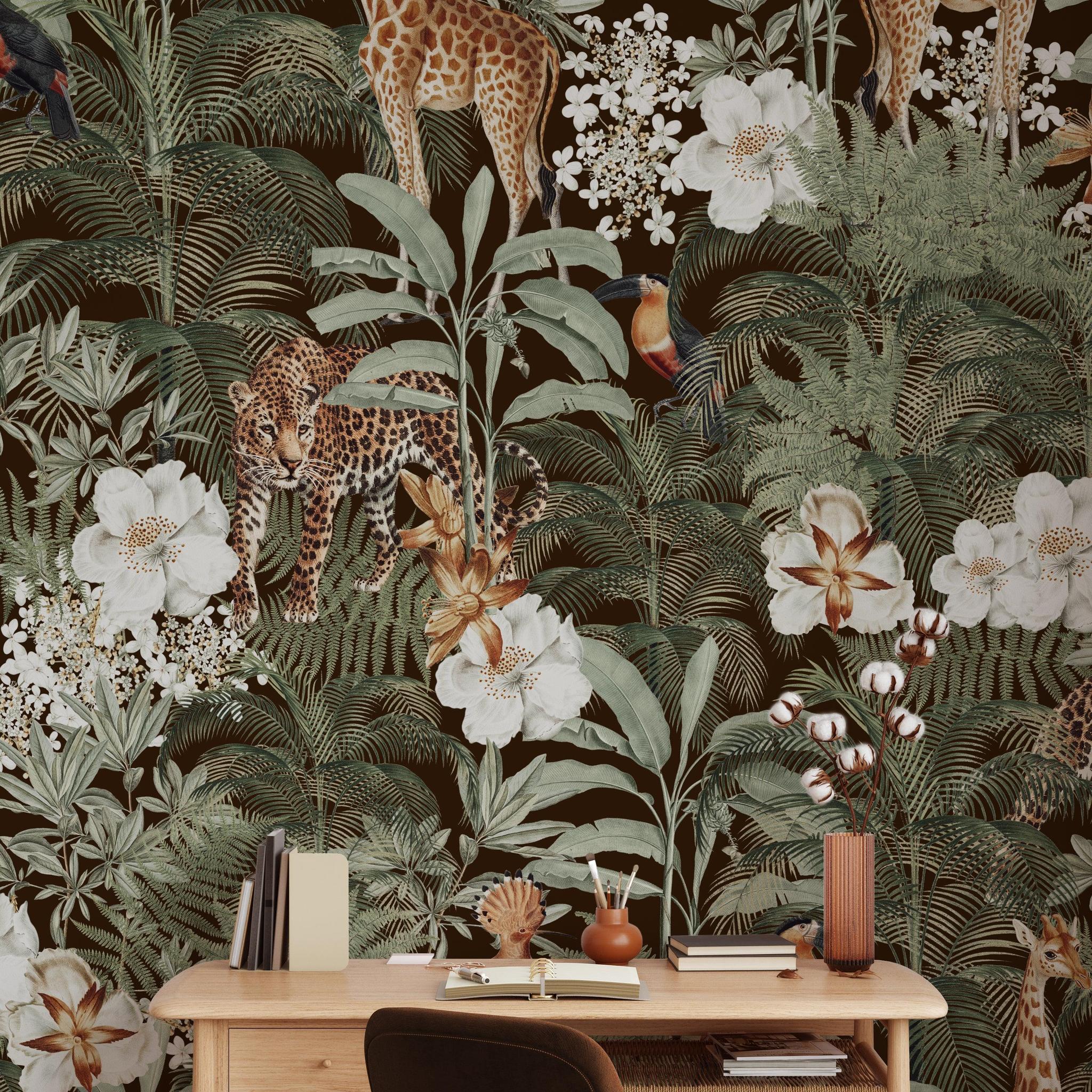 Wall Blush SG02's Tanzania Wallpaper in a home office, with lush dark brown tropical motif.