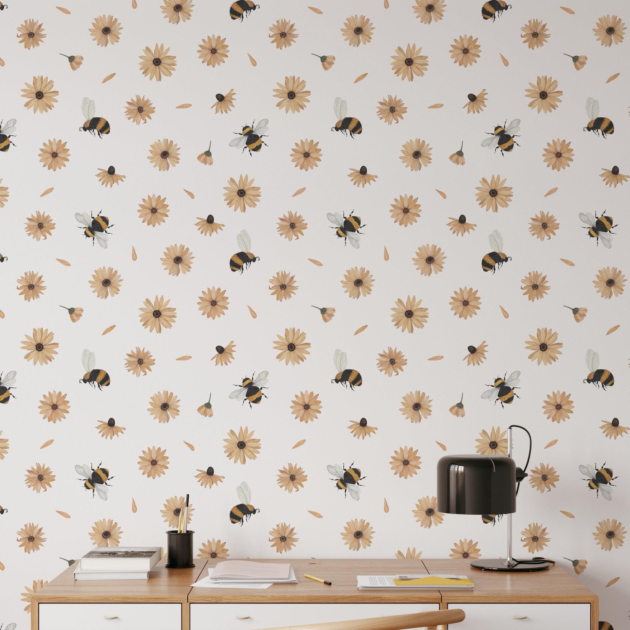 Bumble (White) Wallpaper by Wall Blush in a modern home office, highlighting the vibrant bee and flower pattern.
