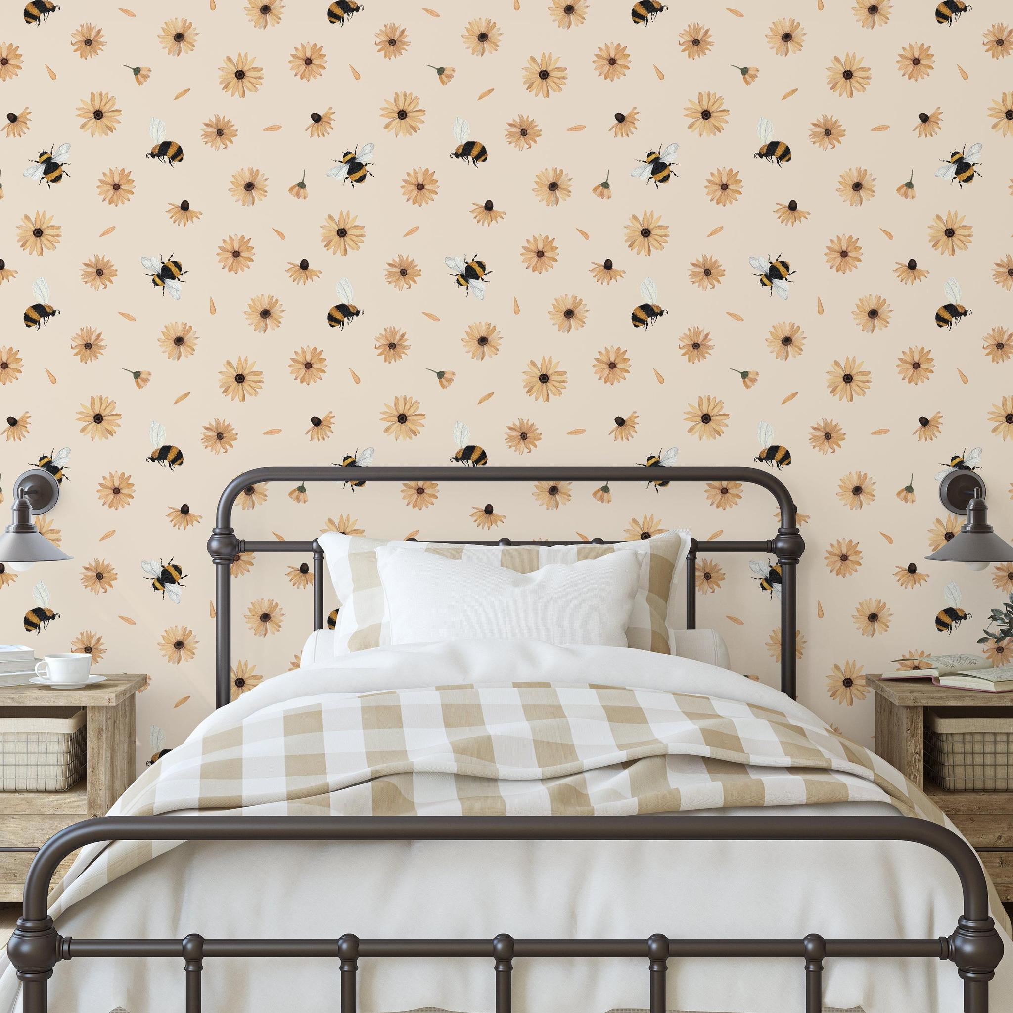 Bumble (Tan) Wallpaper by Wall Blush in cozy bedroom, with focus on the floral and bee design.