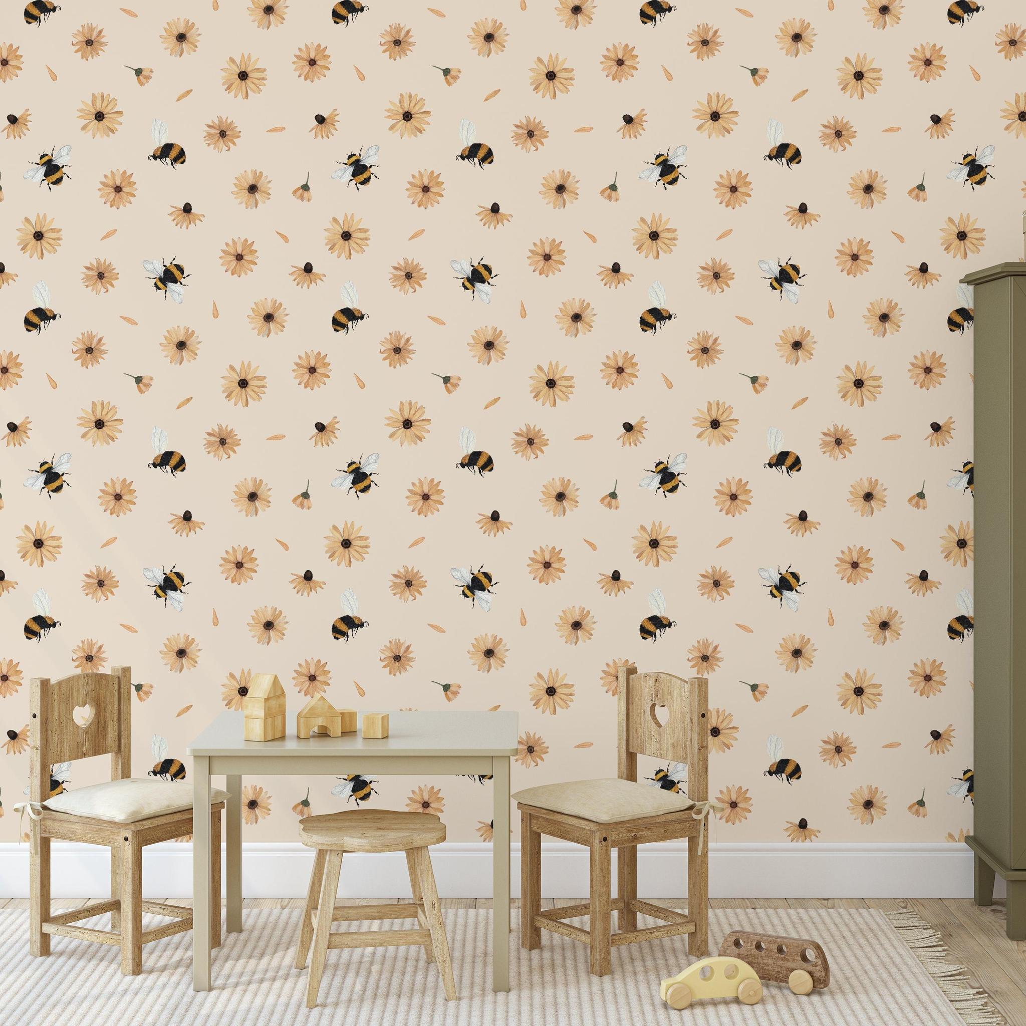 Wall Blush Bumble (Tan) Wallpaper in a children's room, with playful bee and flower design as the focal point.