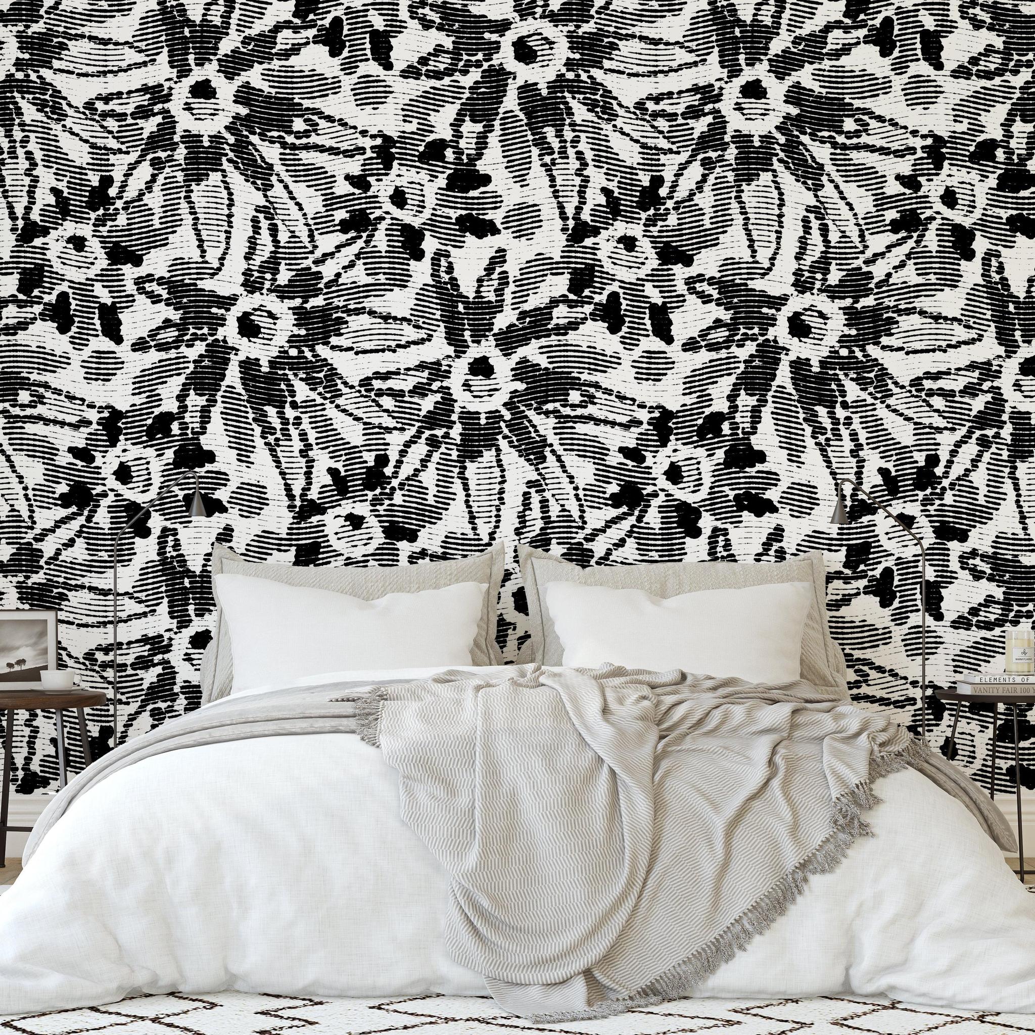 Endless Love Wallpaper by Wall Blush SG02 in a cozy bedroom, highlighting stylish black and white design.