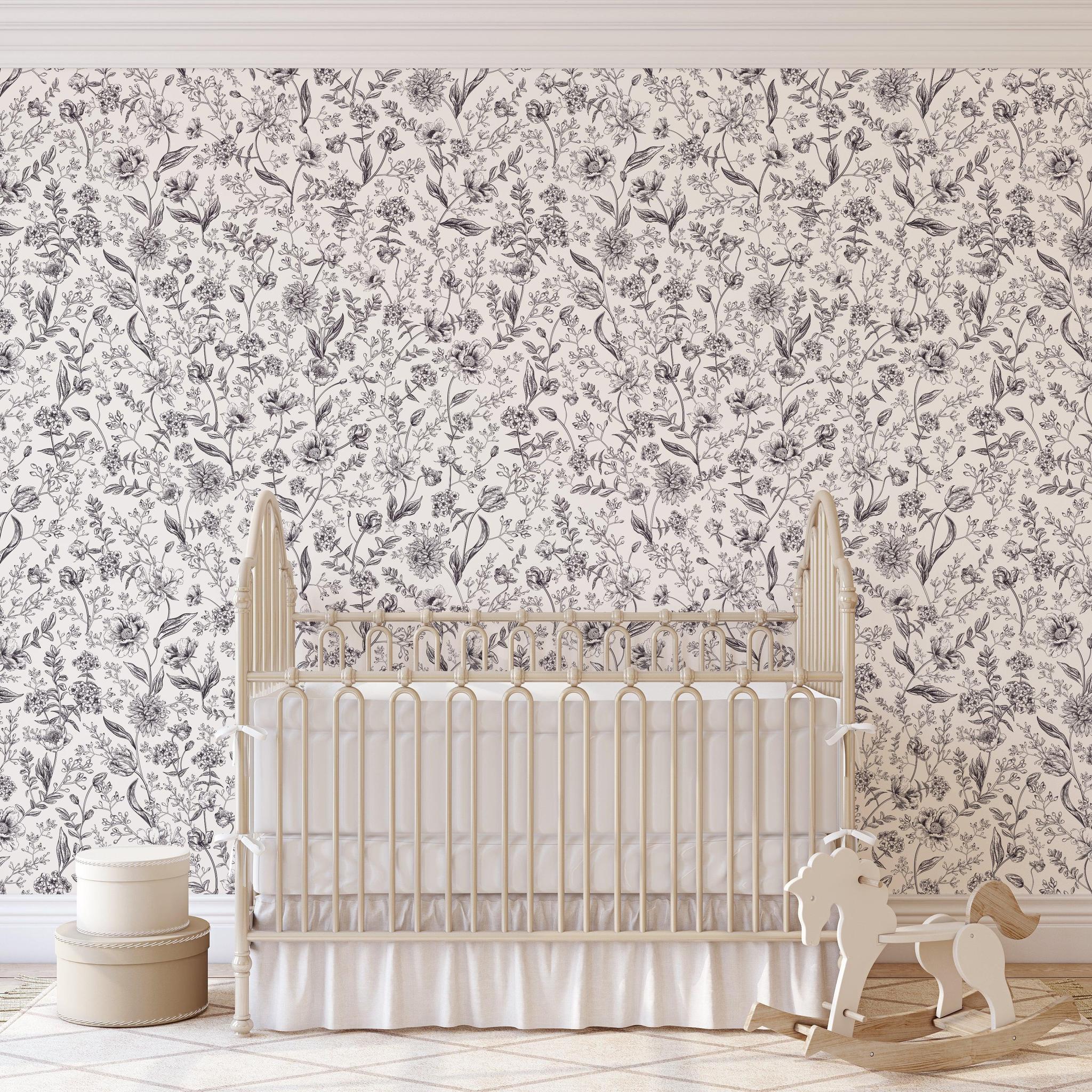Eloise Wallpaper by Wall Blush SG02 in a cozy nursery room, accentuating the space with its elegant floral design.