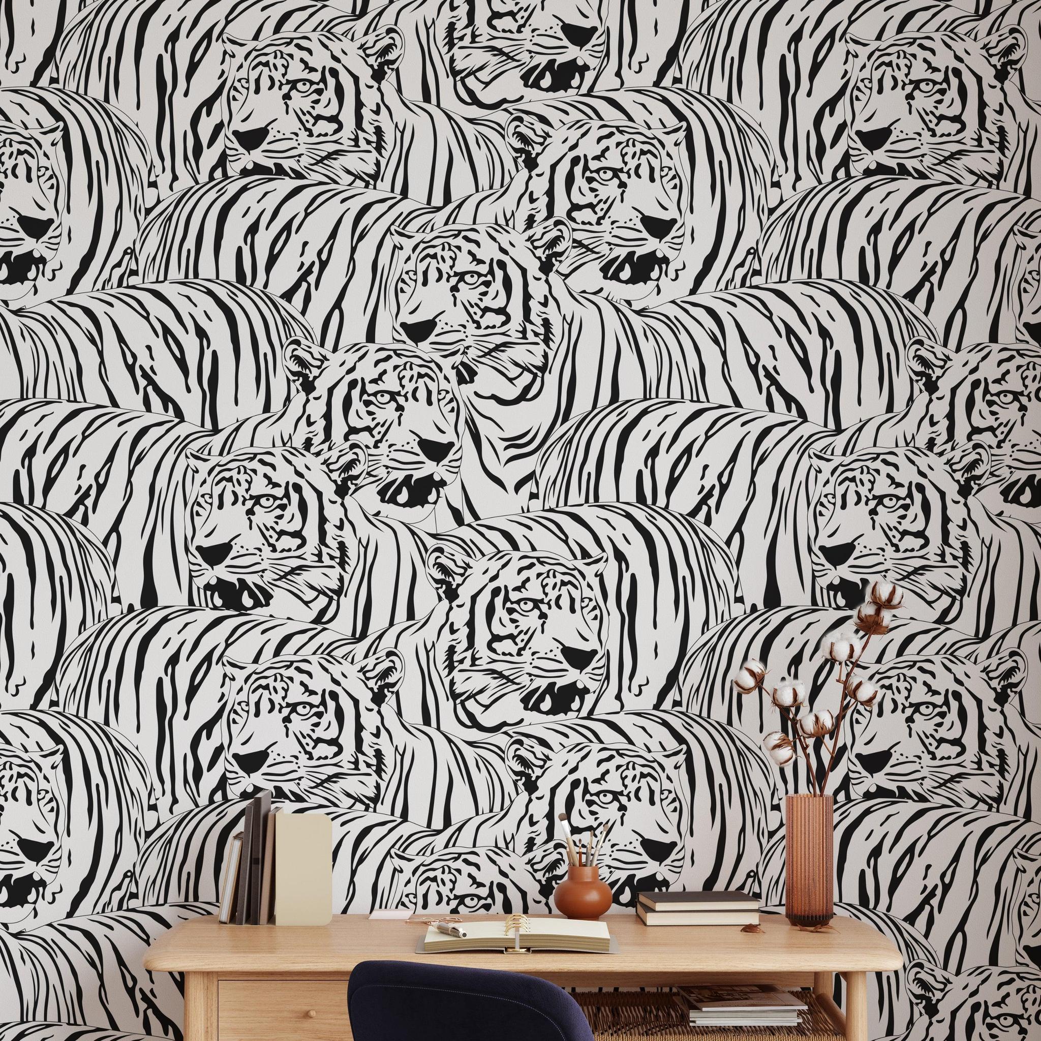 Raja Wallpaper by Wall Blush SG02 in a stylish home office featuring tiger pattern design.