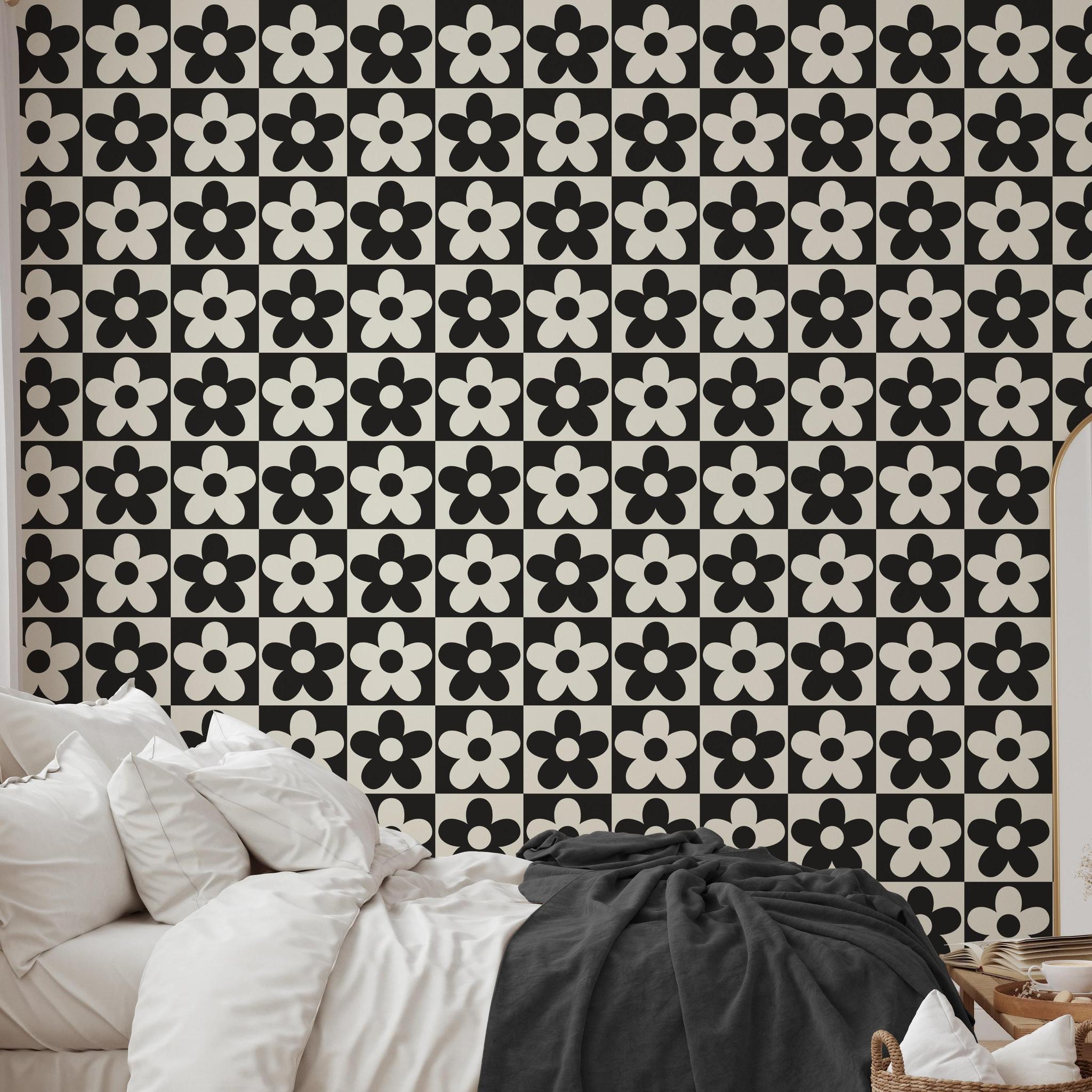 Lizzie Wallpaper by Wall Blush SG02 in a stylish bedroom, geometric pattern as focal point.