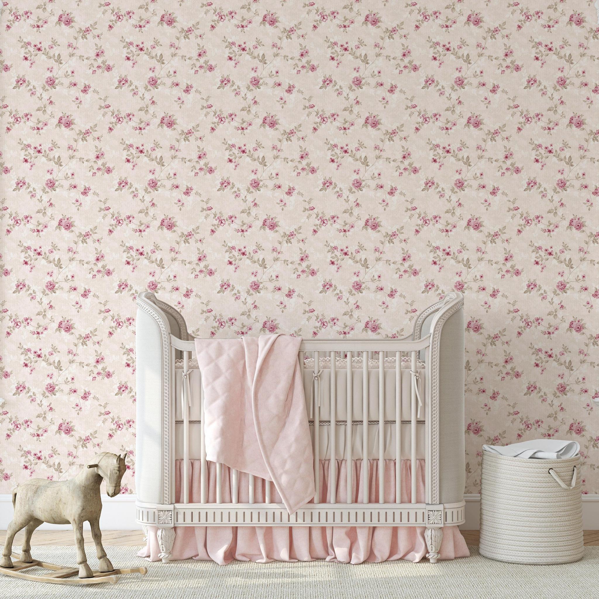 Elegant nursery featuring Coco's Cottage Wallpaper by The 7th Haven Interiors Line, with a focus on the floral design.