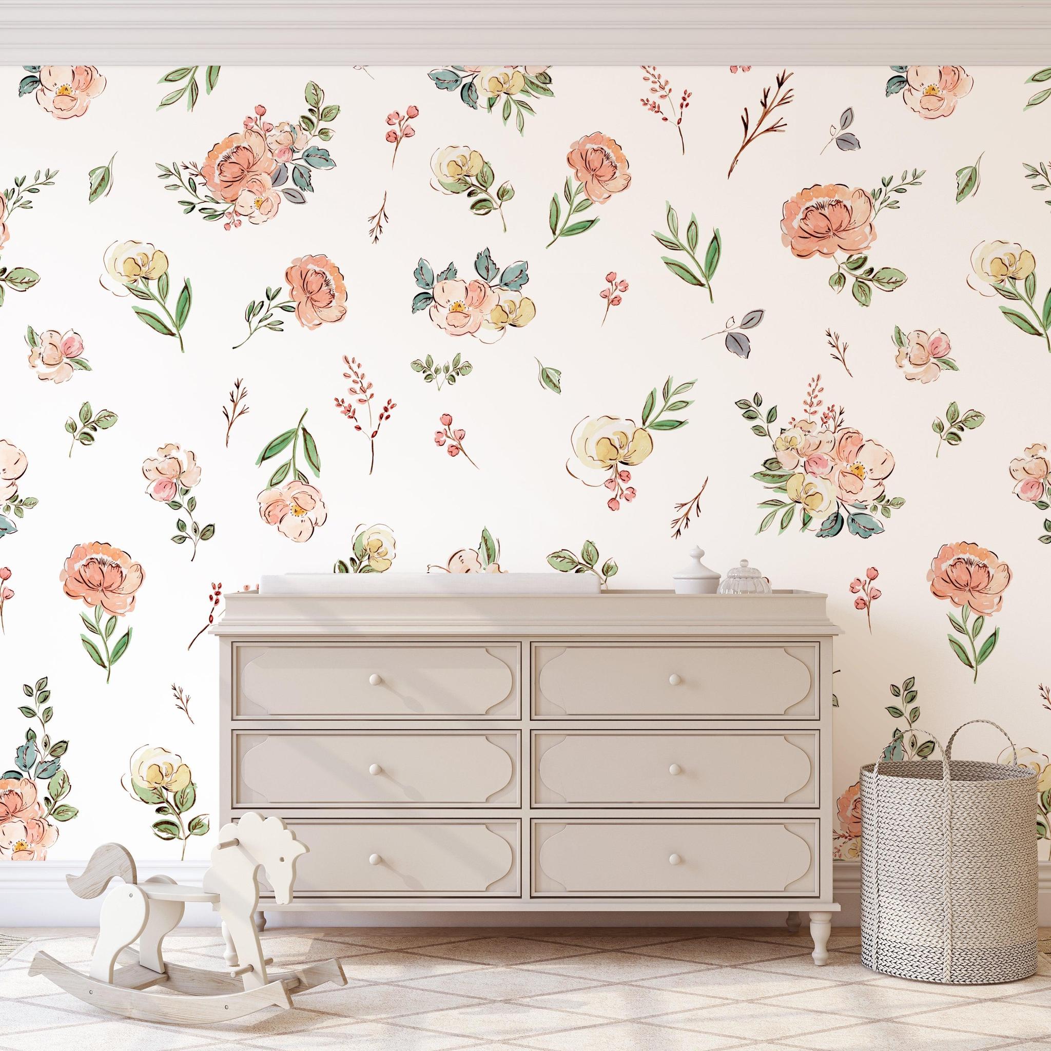 The Cosette - Floral Wallpaper by Wall Blush in a stylish nursery room, with elegant flower patterns.