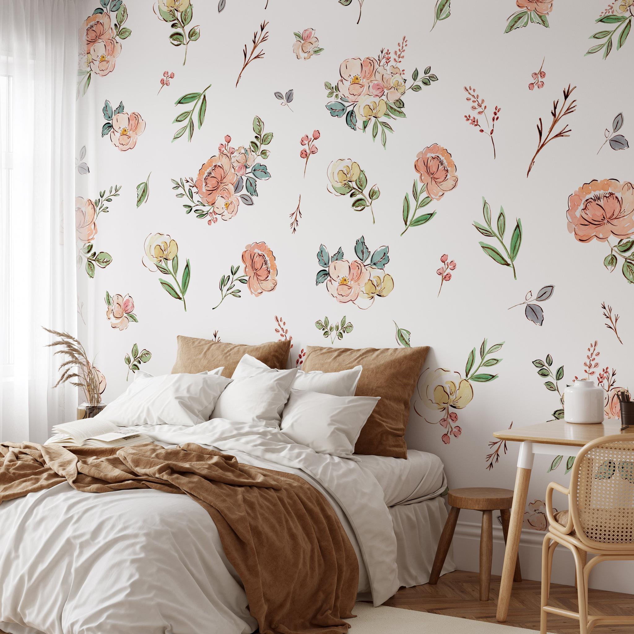 "The Cosette - Floral Wallpaper by Wall Blush highlighting stylish bedroom décor."