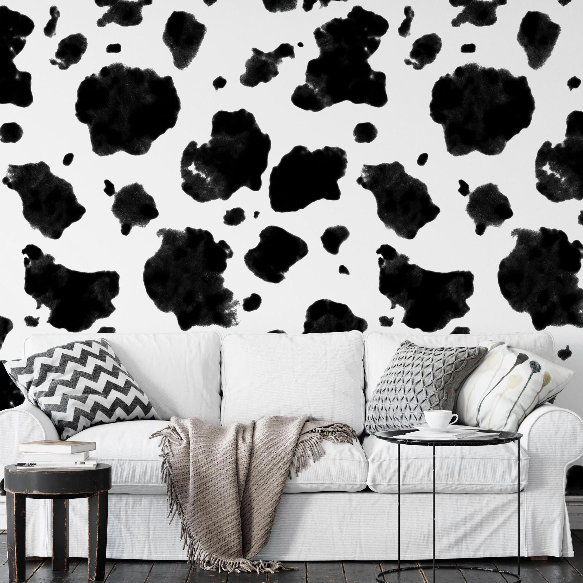 Greta Wallpaper by Wall Blush SG02, stylish cow pattern in a modern living room.