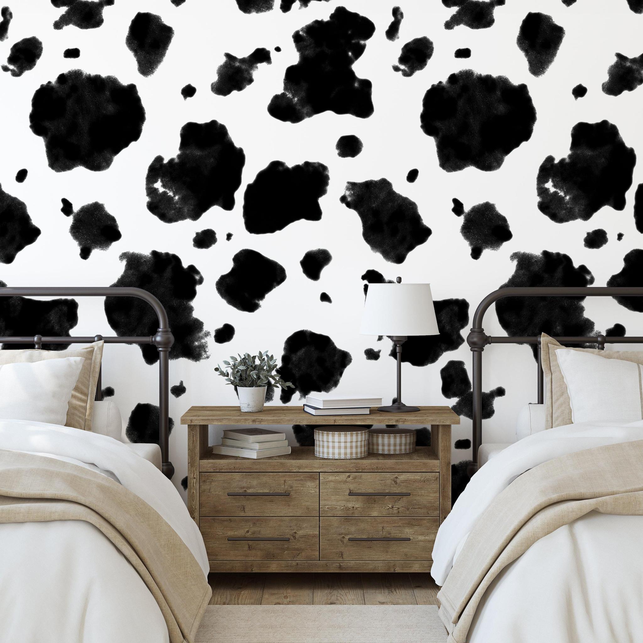 Greta Wallpaper by Wall Blush SG02 in a stylish bedroom, featuring high-contrast black spots on a white background.