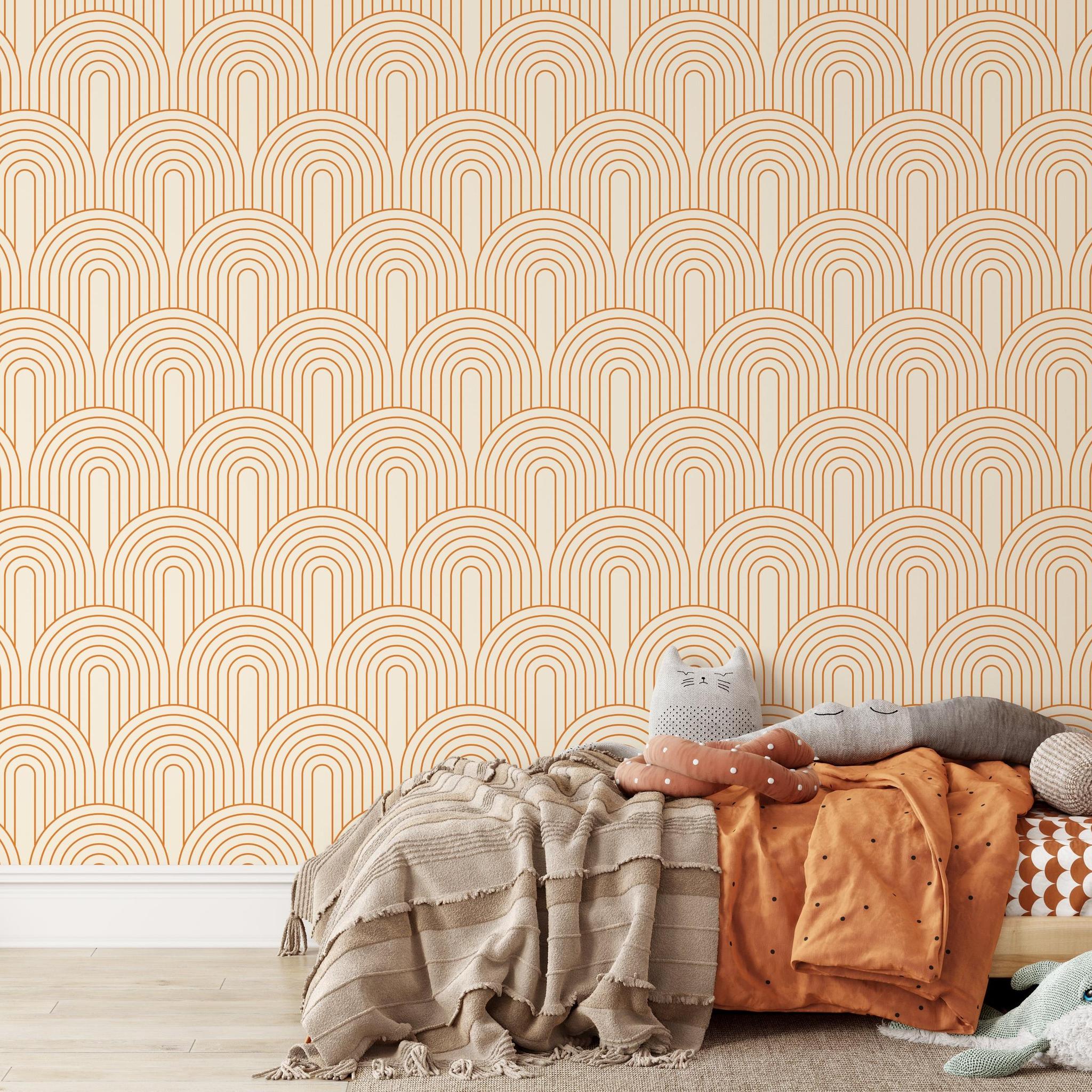Cyrus Wallpaper by Wall Blush SG02 in a stylish kids' bedroom focused on the bold, patterned accent wall.
