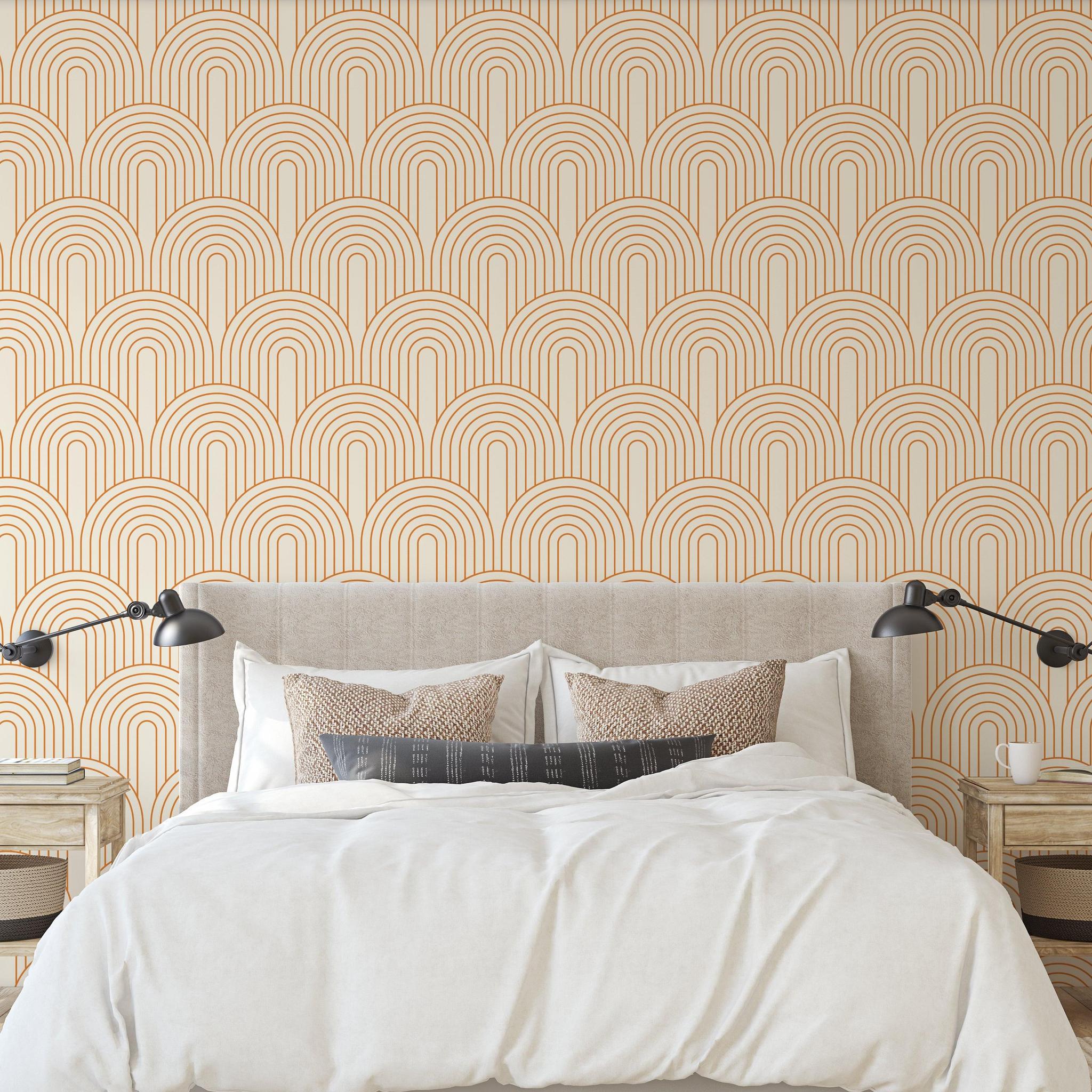 Cyrus Wallpaper by Wall Blush SG02 featuring stylish design in modern bedroom setting, bed with neutral bedding.