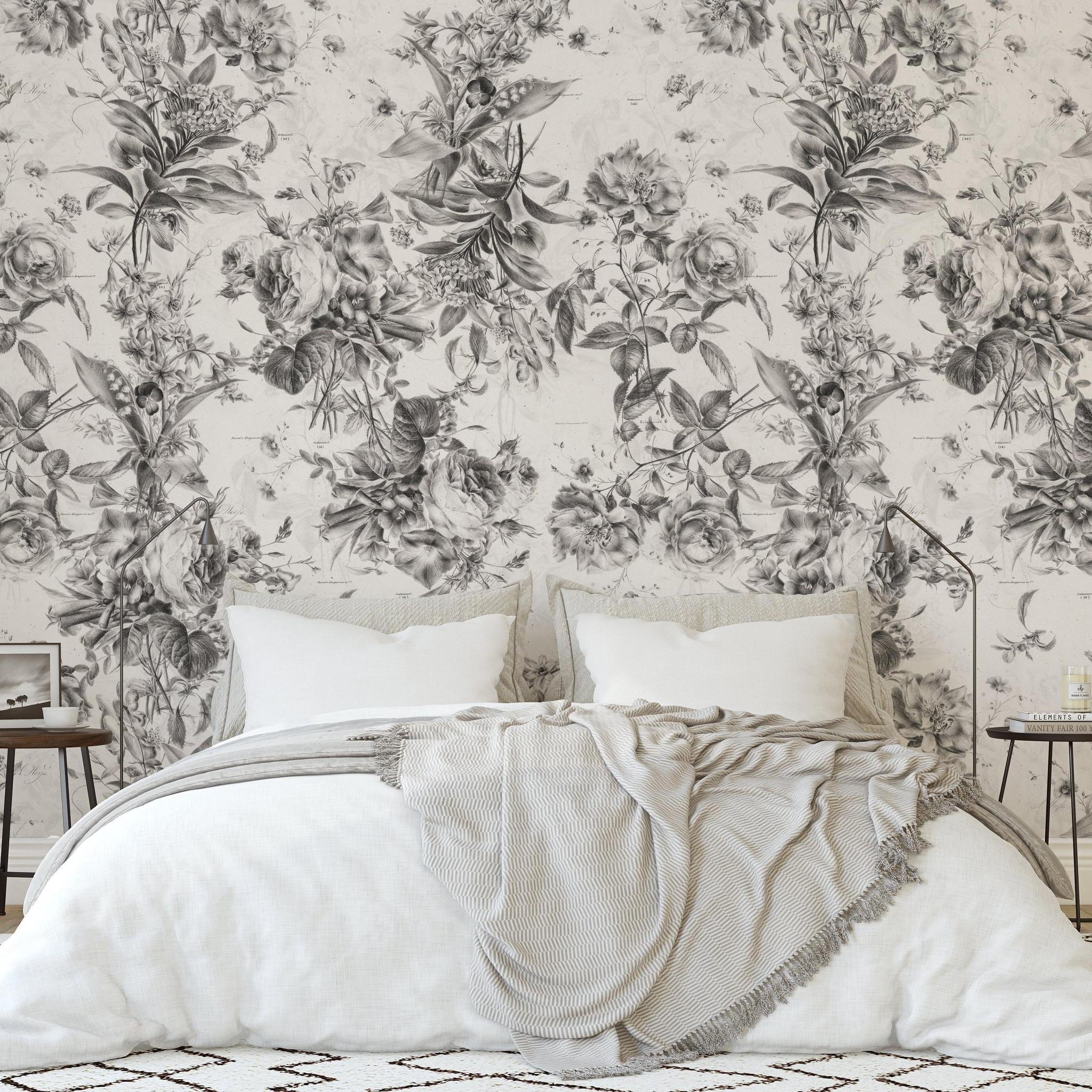 Daphne Wallpaper by Wall Blush SM01 in a stylish modern bedroom focusing on the floral wall design.
