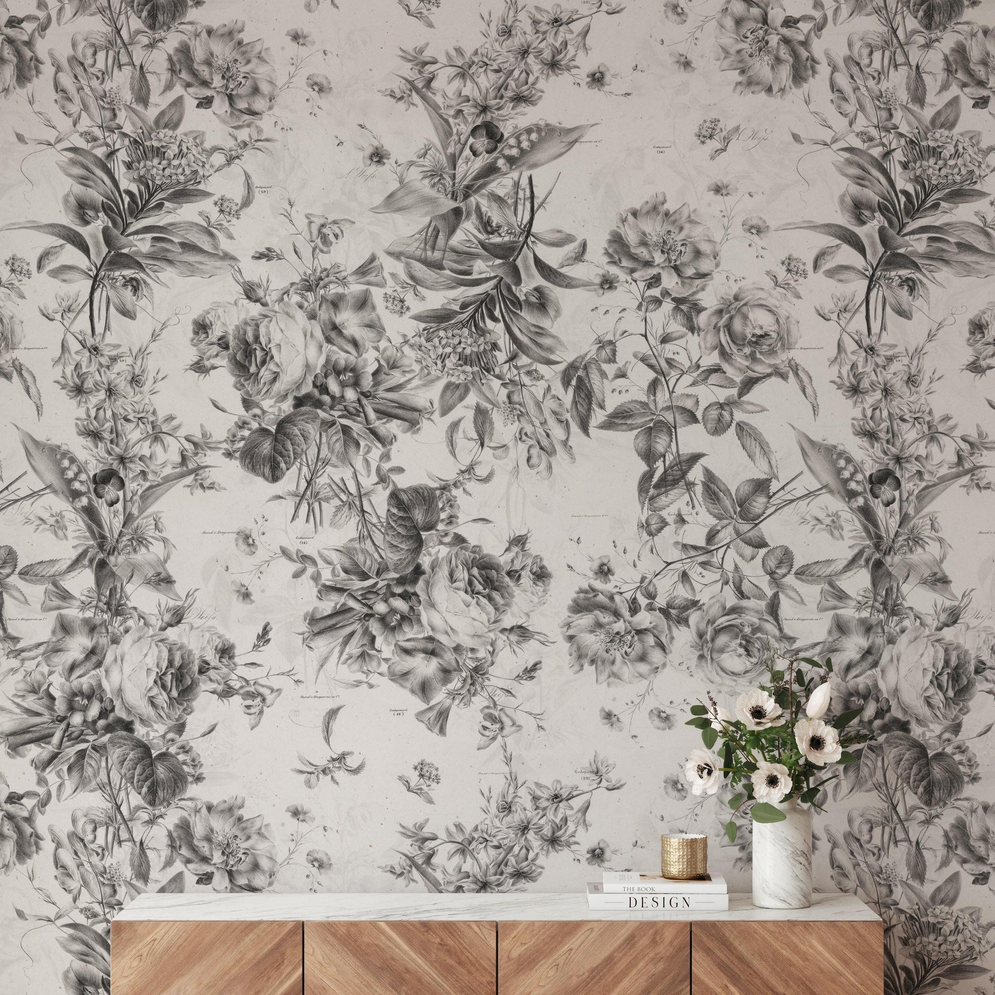 Daphne Wallpaper by Wall Blush SM01, showcasing stylish floral design in a contemporary living room setting.