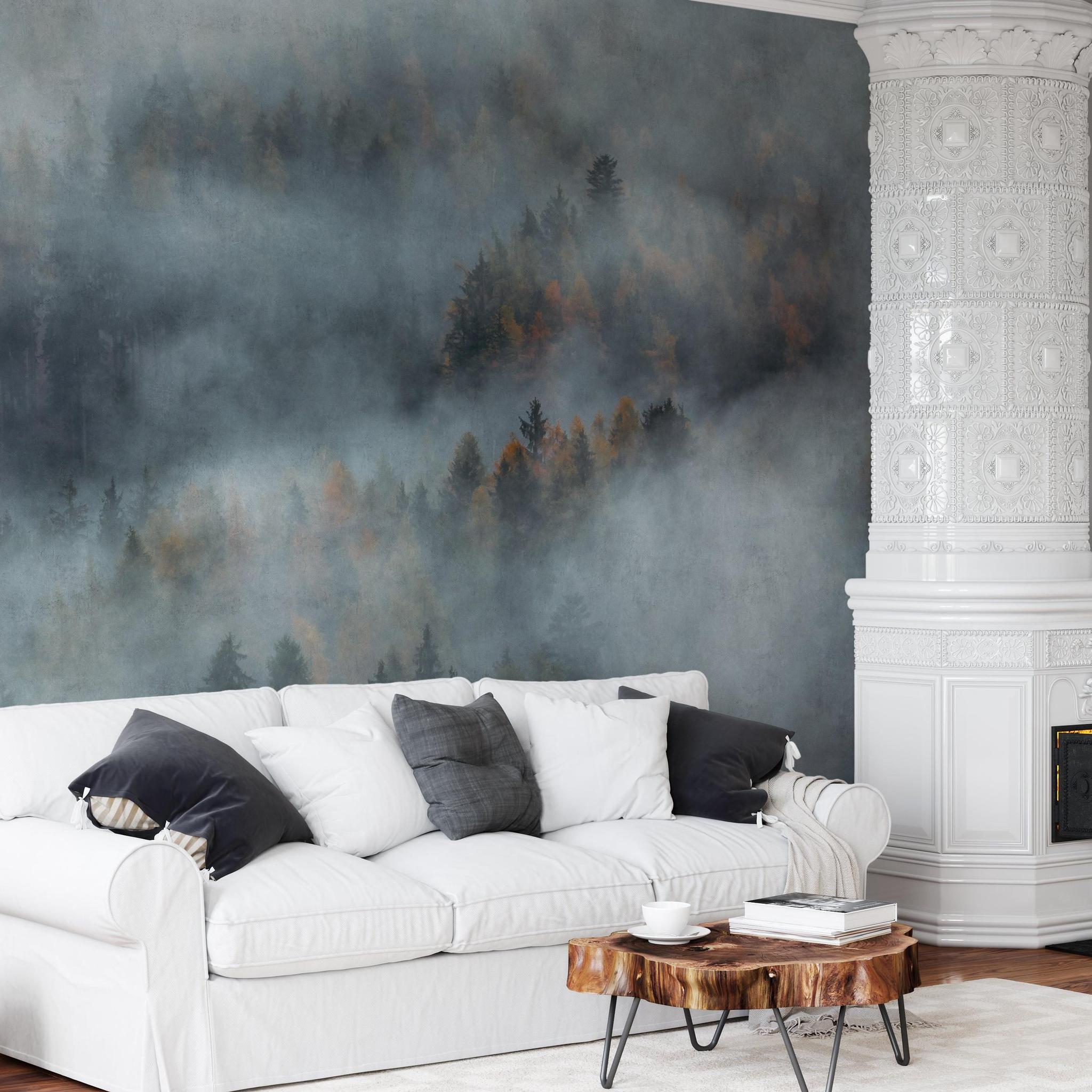 Mystic Wallpaper by Wall Blush SG02 in elegant living room with fireplace, enhancing wall aesthetics.