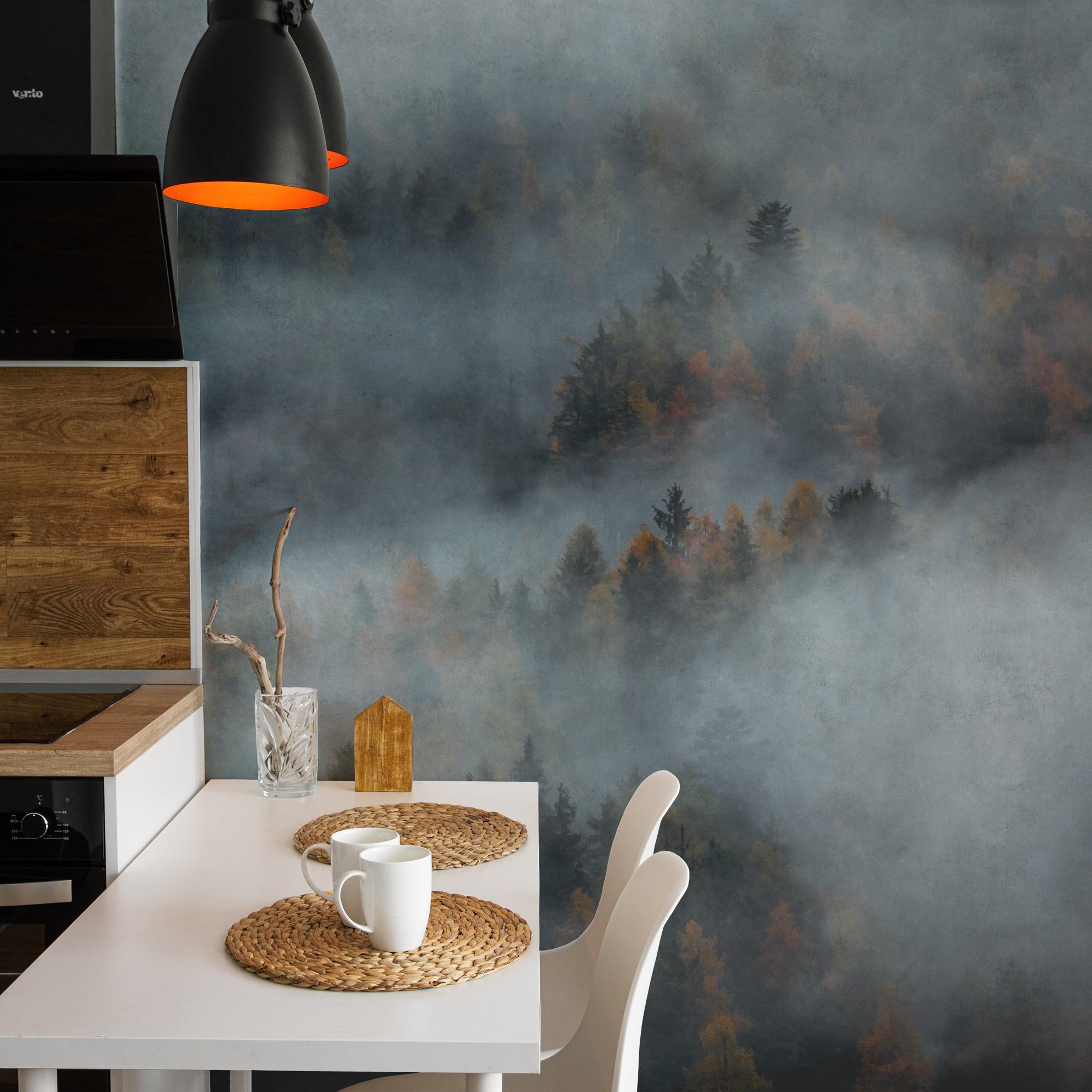 Mystic Wallpaper by Wall Blush SG02 in a modern kitchen, highlighting the atmospheric forest design focus.