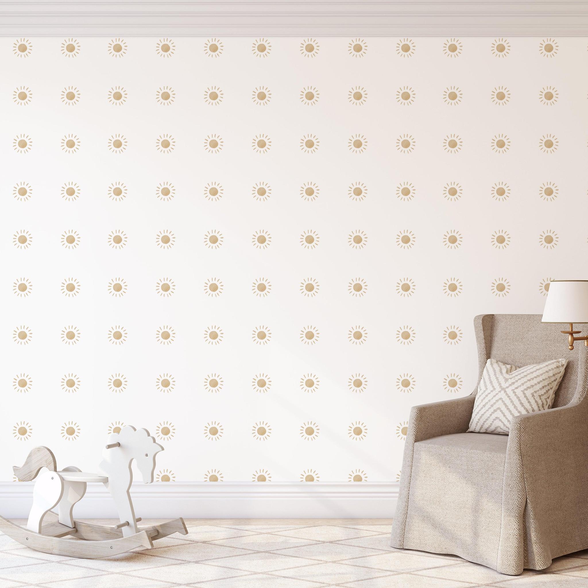 Dawn Wallpaper by Wall Blush SG02 in cozy living room, highlighting intricate sun pattern design.