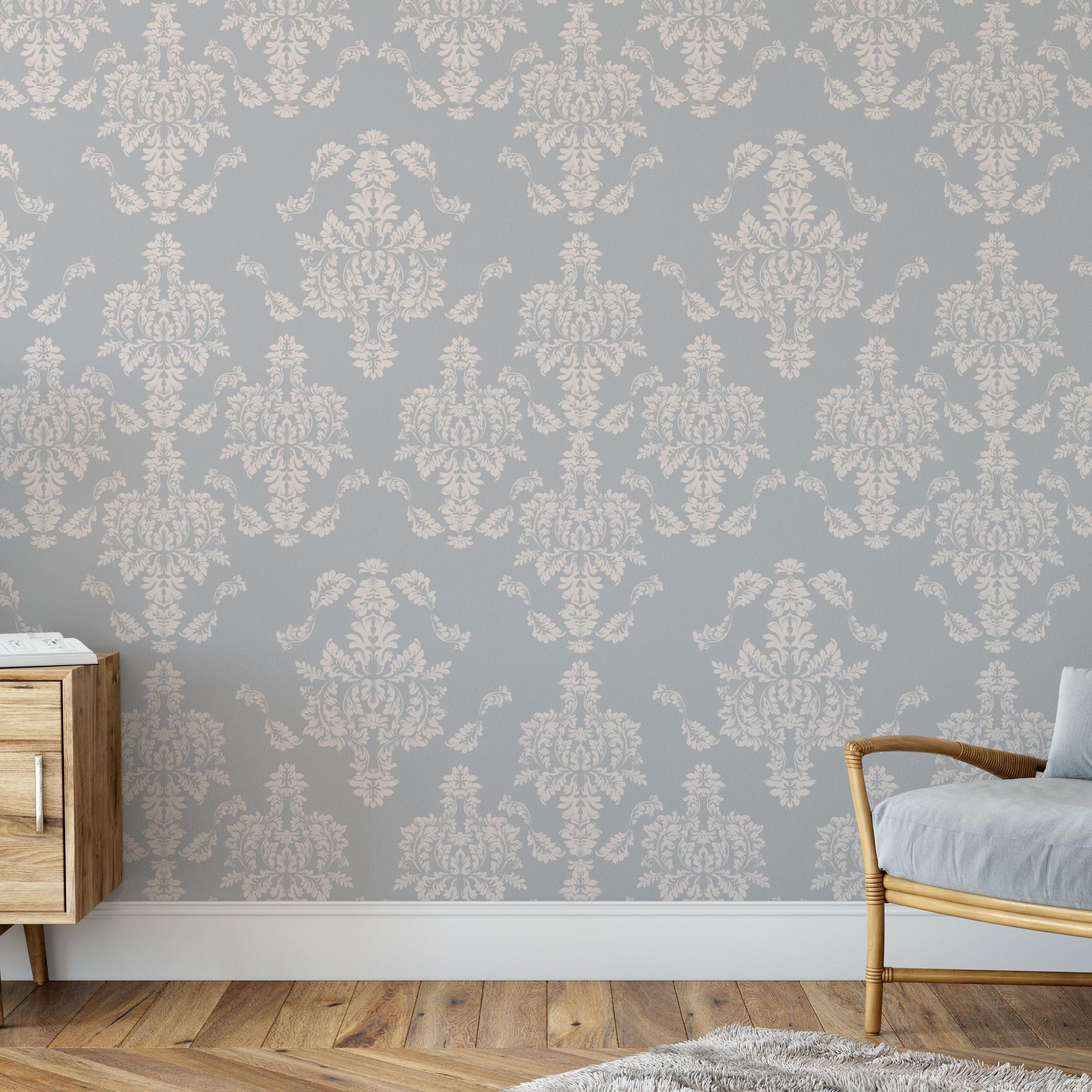 Little Debbie's Damask Wallpaper in elegant living room by The 7th Haven Interiors Line.