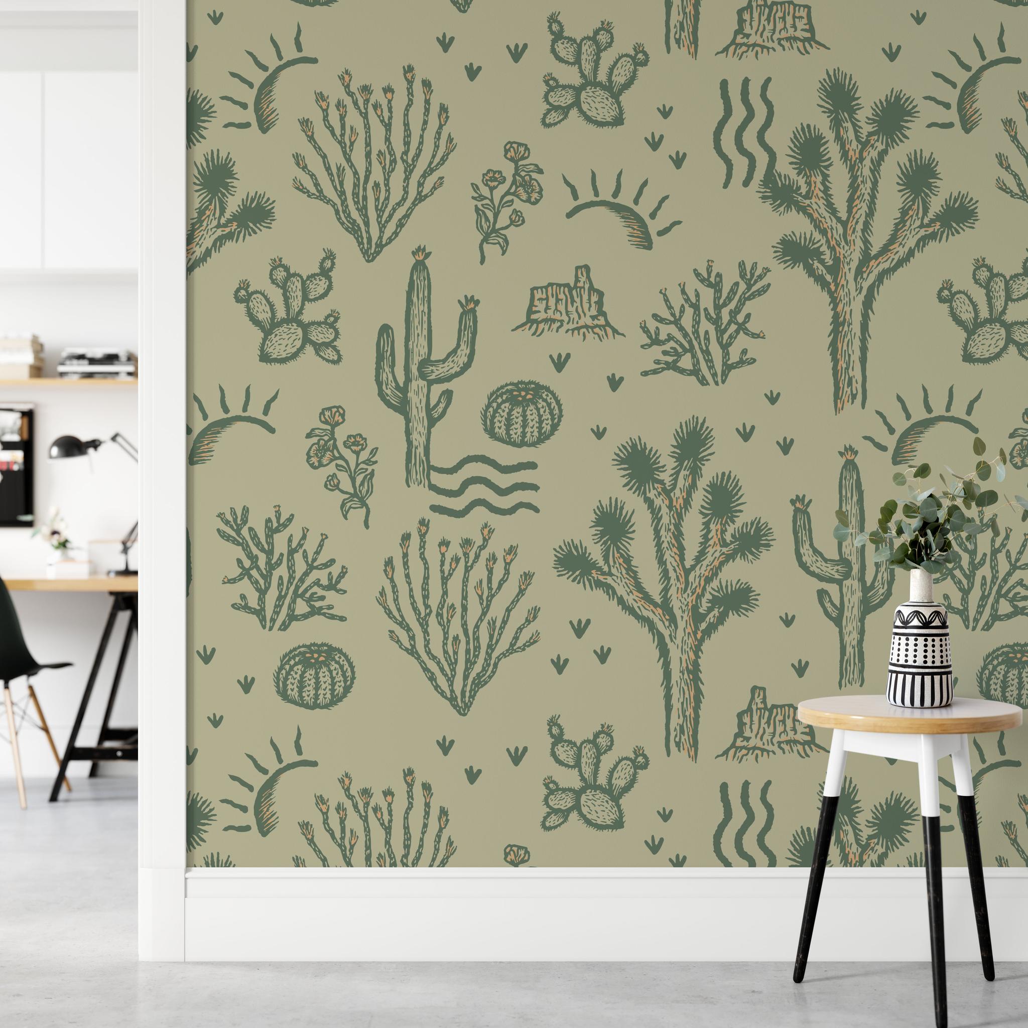 "Wall Blush's Desert Dreamer (Green) Wallpaper in a modern home office, highlighting wall decor."