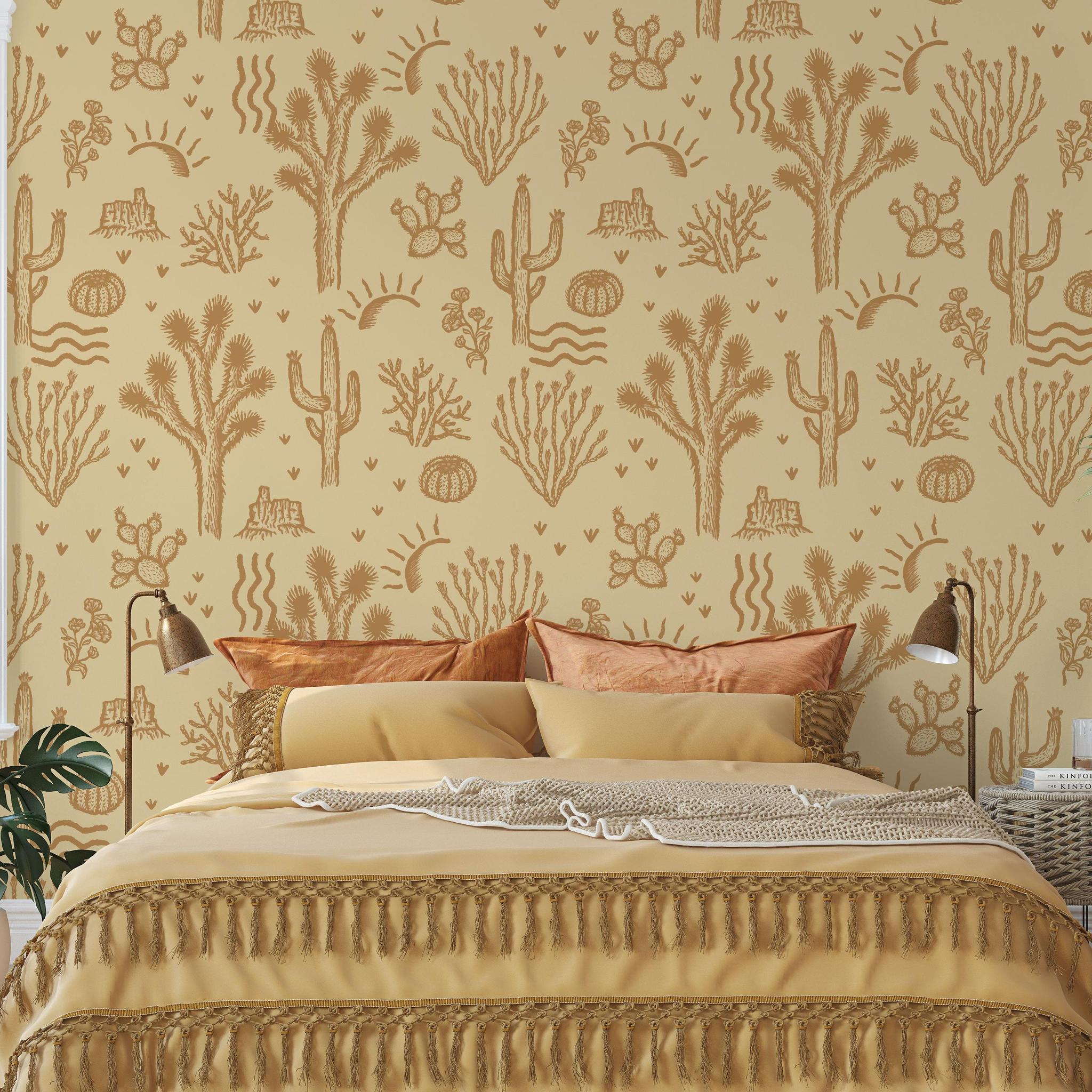 Desert Dreamer (Orange) Wallpaper by The Rayco Line adorns a stylish bedroom focus