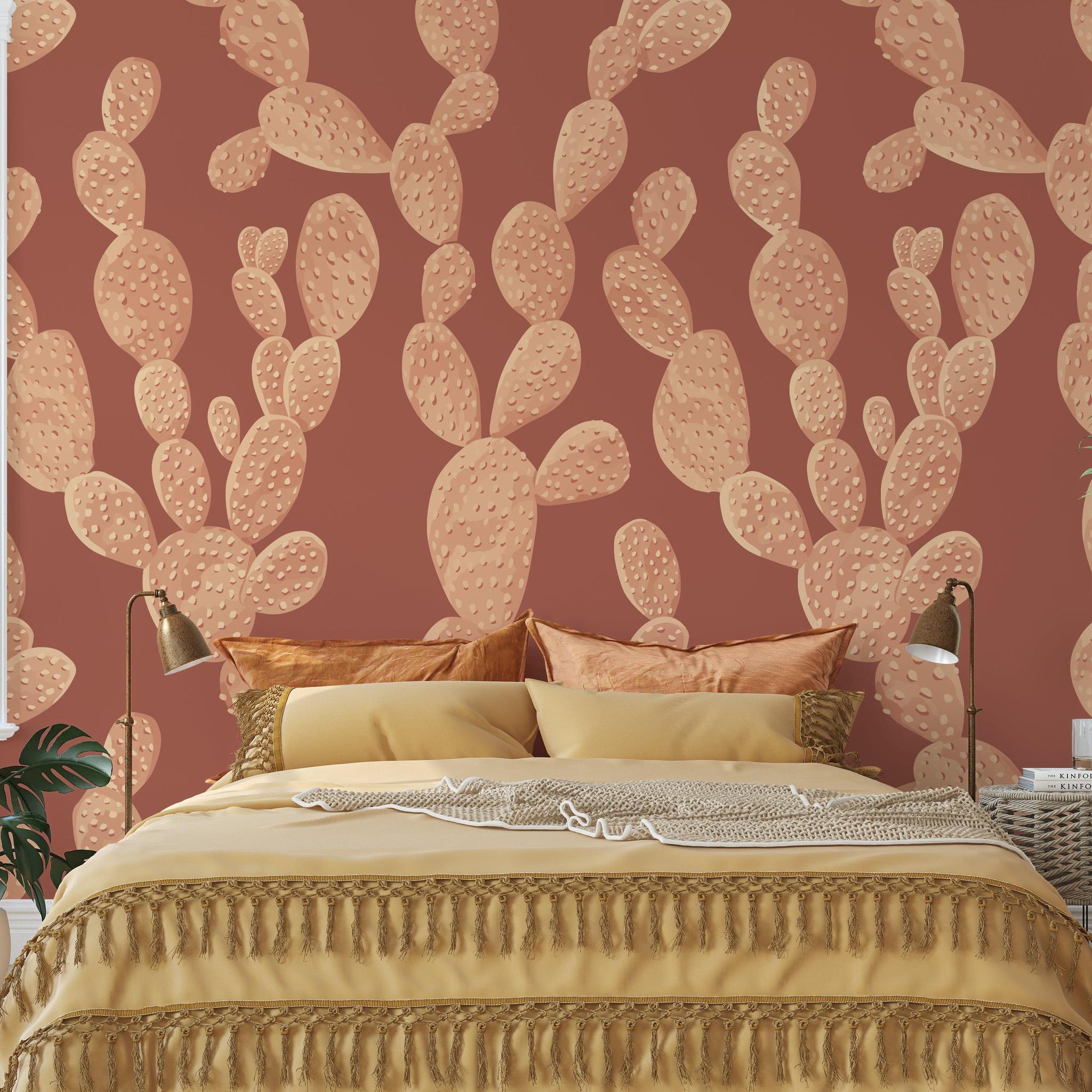 Wall Blush Desert Revival Wallpaper in a stylish bedroom, emphasis on cozy decor and wall texture.