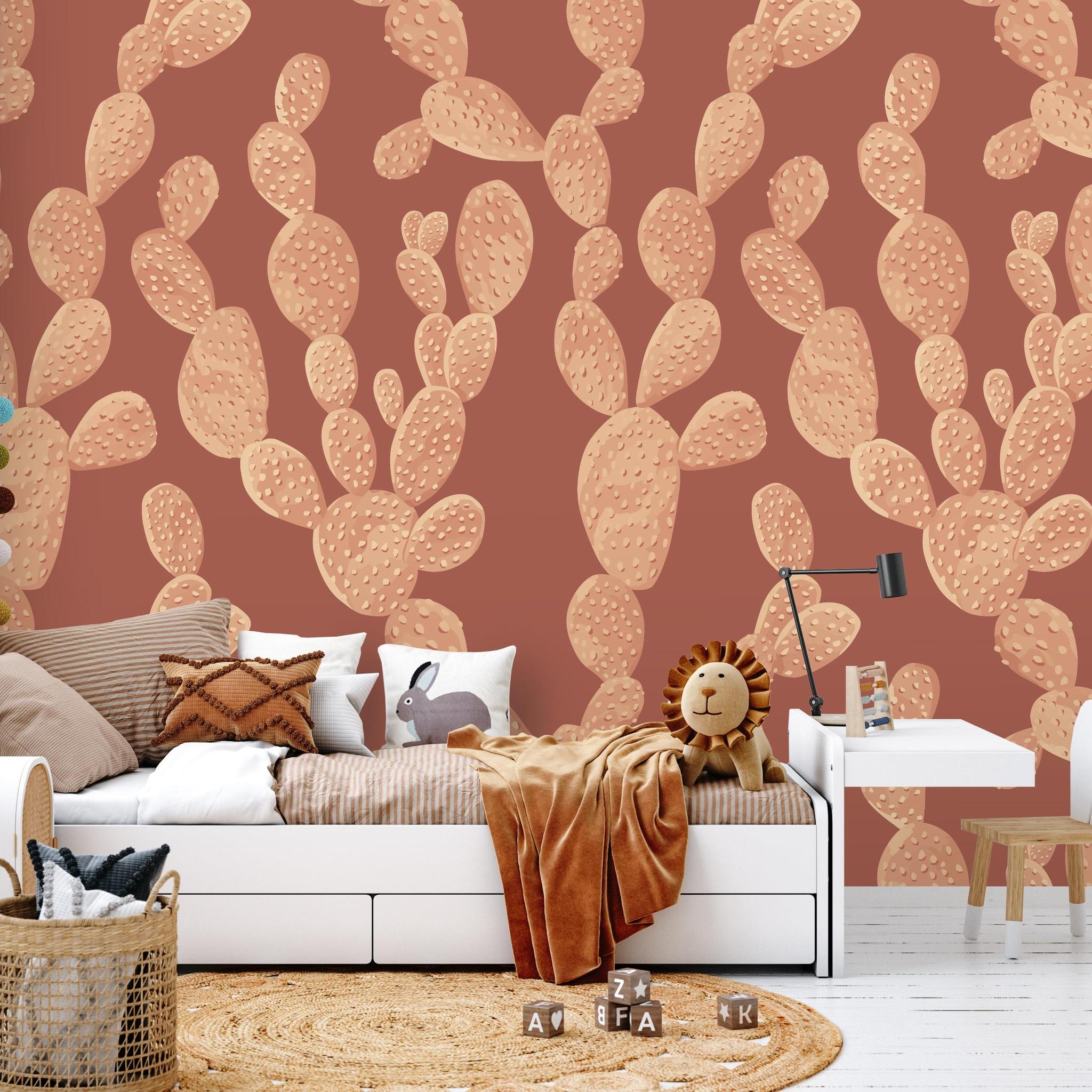 Desert Revival Wallpaper by Wall Blush in a stylish children's room, with playful cactus design as focal point.