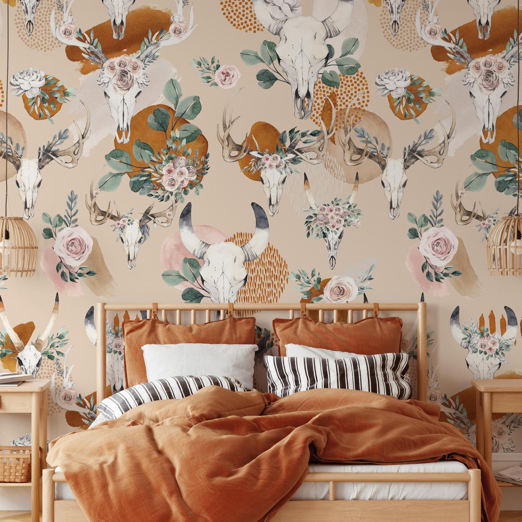 Desert Rose Wallpaper from The Chelsea DeBoer Line in a stylish bedroom, highlighting wall decor.