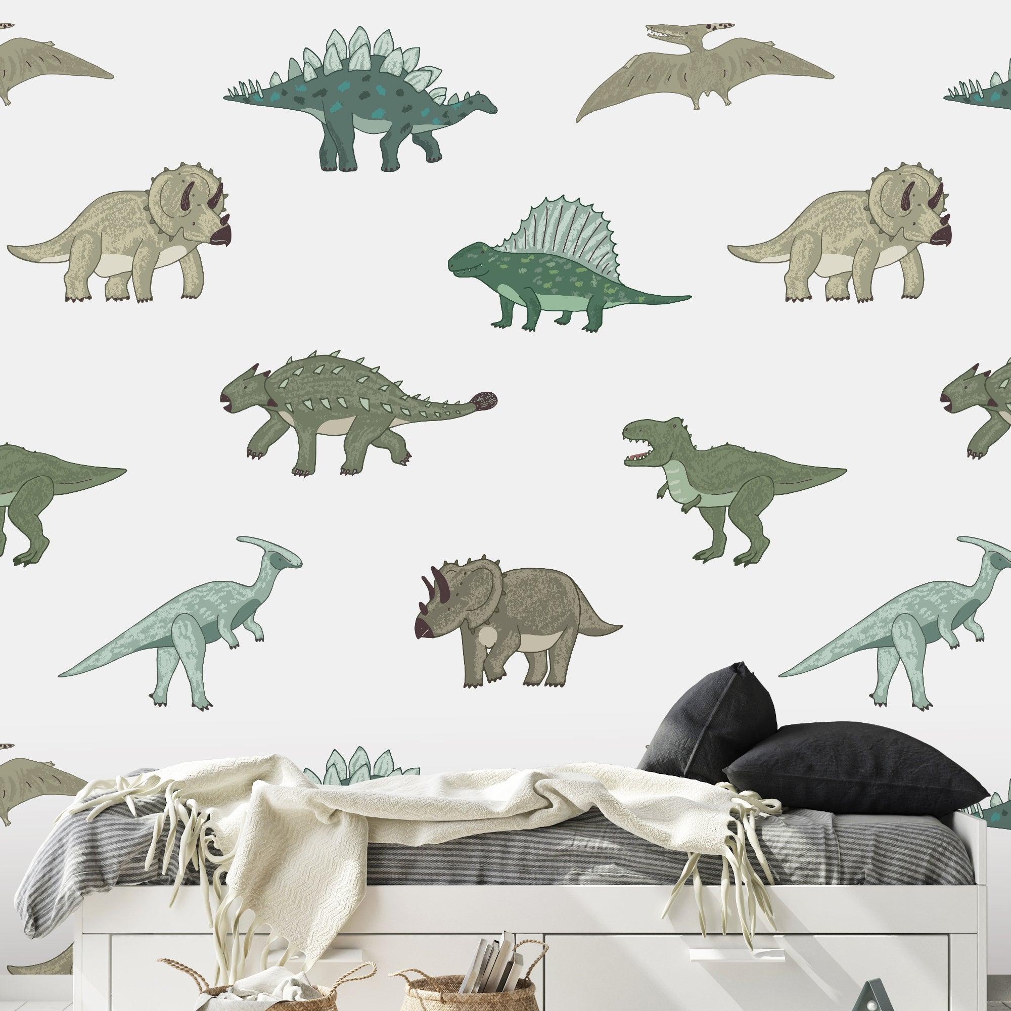 Saurus Wallpaper by Wall Blush SG02 in a child's bedroom with dinosaur theme, focusing on wall decor.