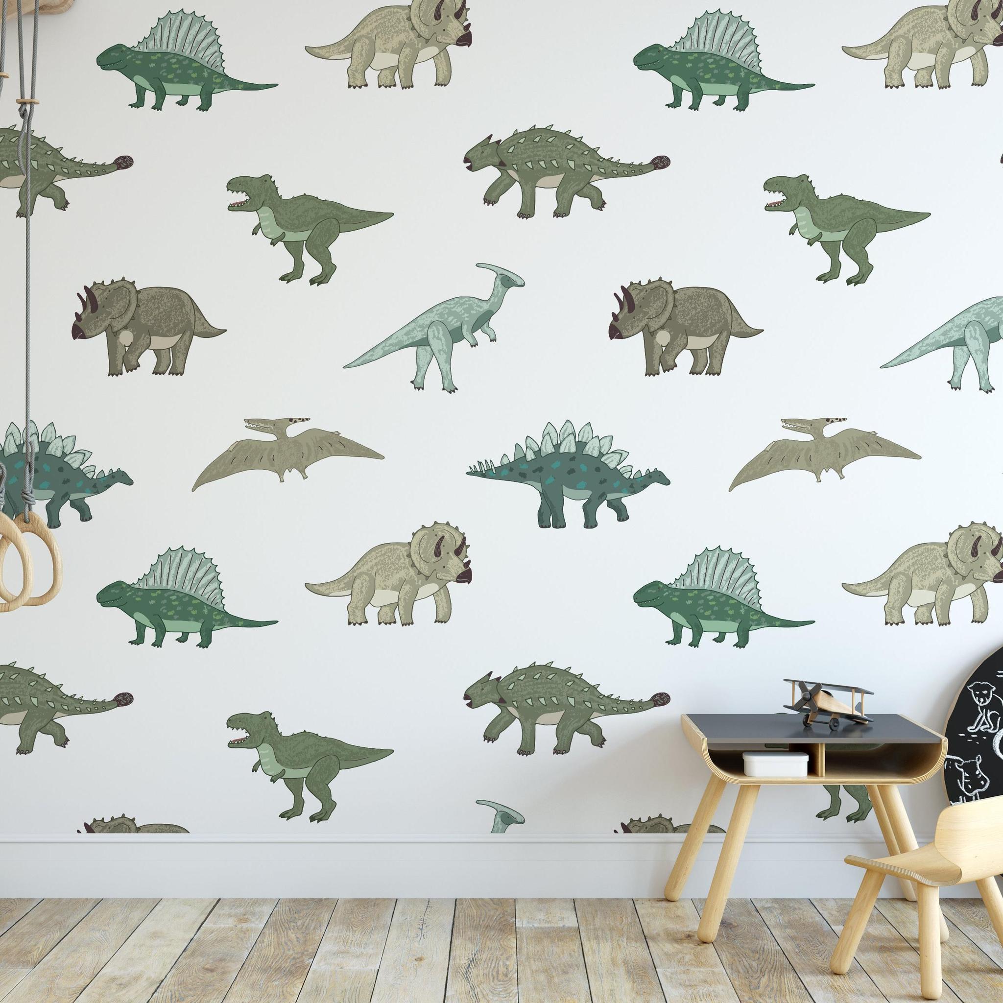 Saurus Wallpaper by Wall Blush SG02 in a Stylish Kids' Room with Dinosaur Motifs