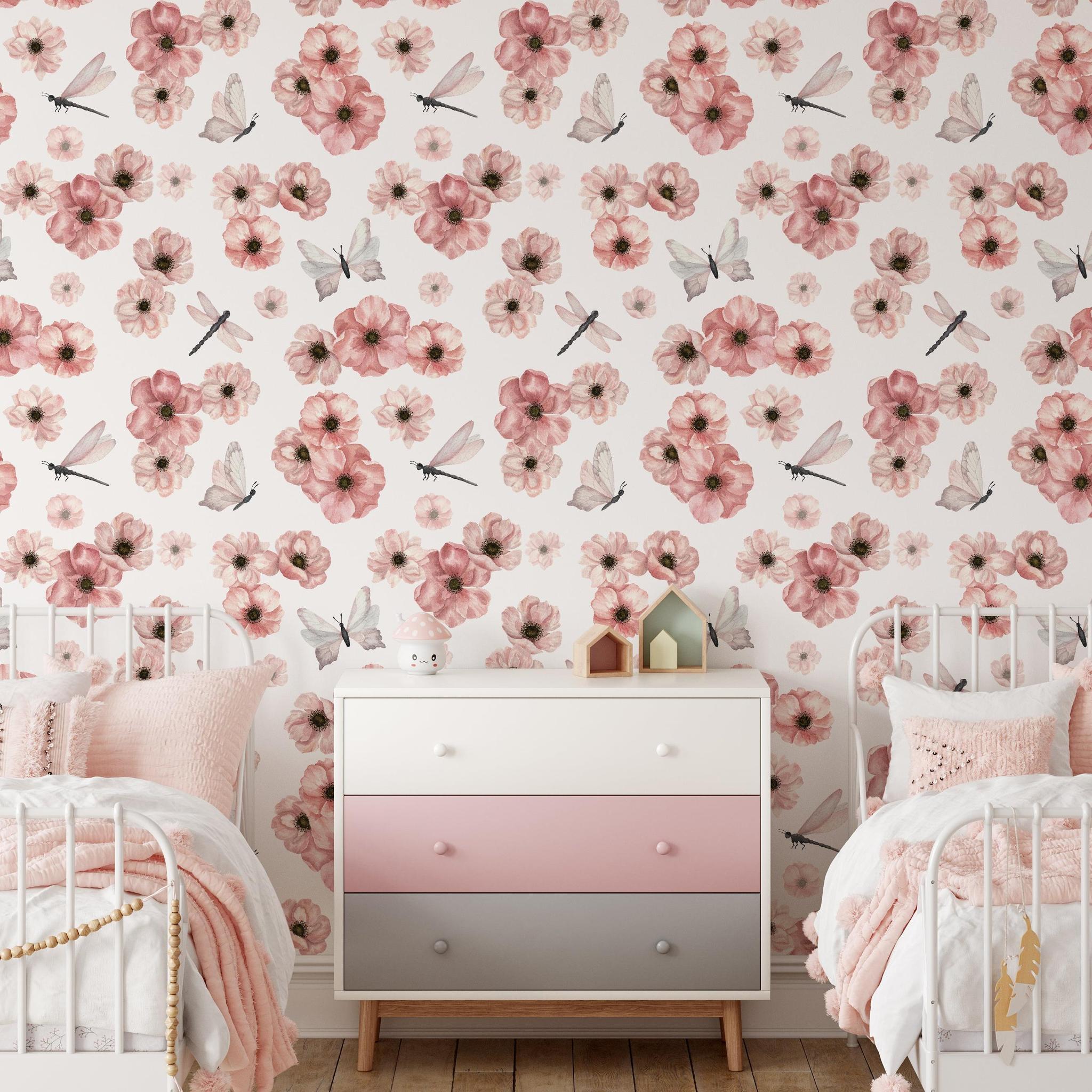 Wall Blush Dragonlily (White) Wallpaper in cozy bedroom with twin beds and stylish decor.